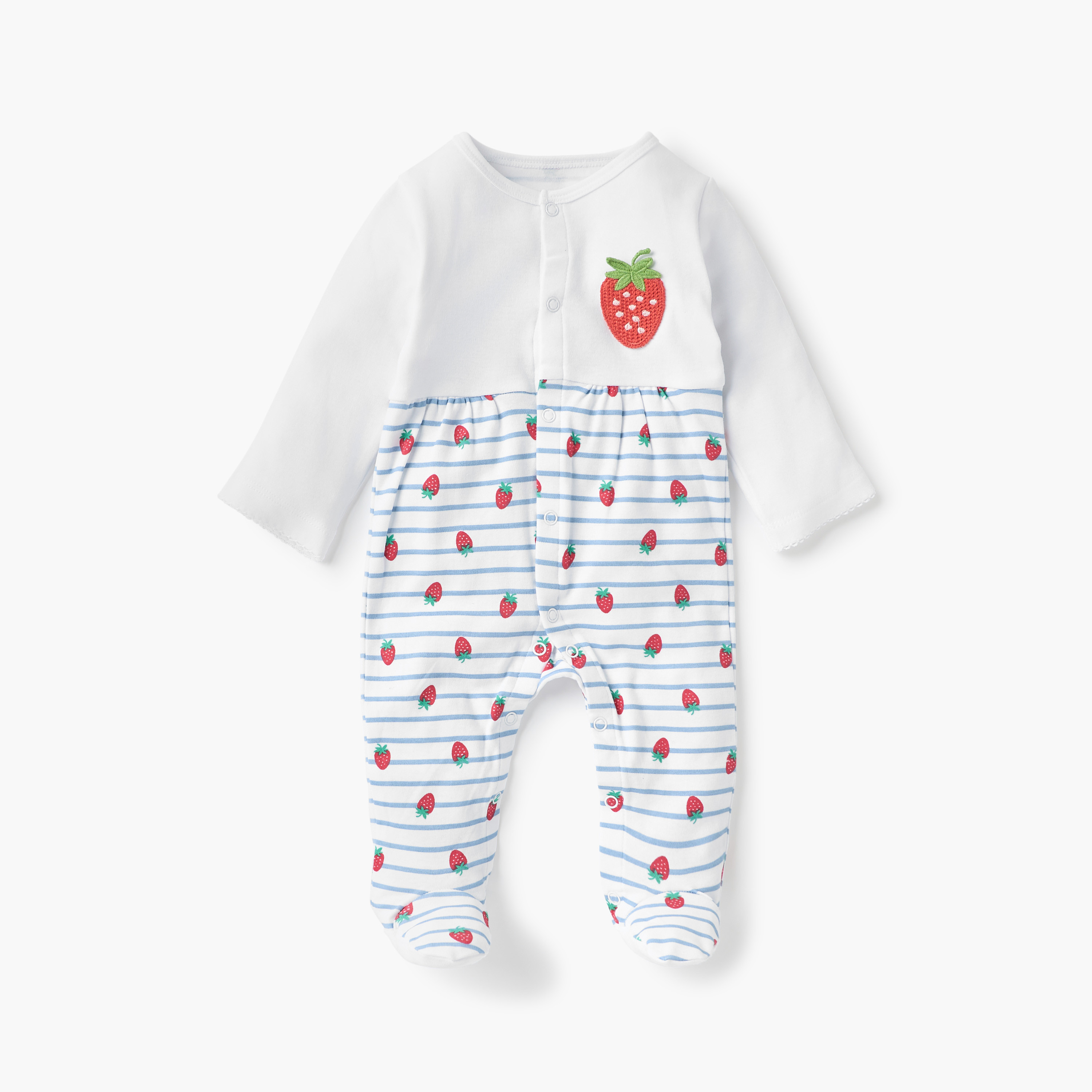 Juniors All-Over Strawberry Print Closed Feet Sleepsuit with Round Neck and Long Sleeves-baby-girls-clothing-nightwear-sleepsuits-image-1
