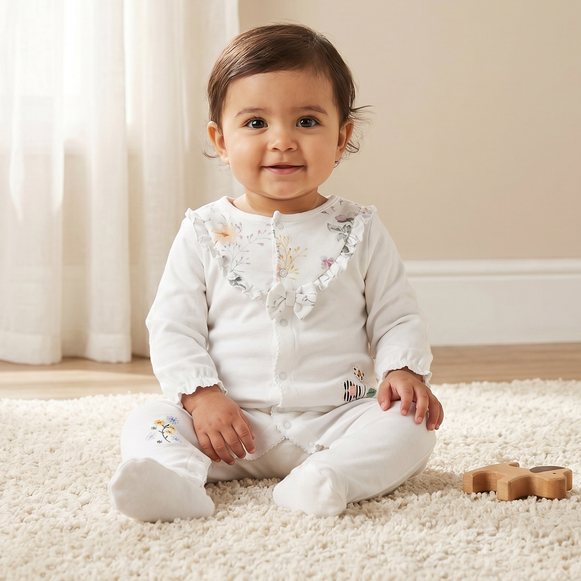 بدلة نوم قطنية بياقة دائرية وأكمام طويلة للبنات بطبعة زهور-baby-girls-clothing-nightwear-sleepsuits-image-1