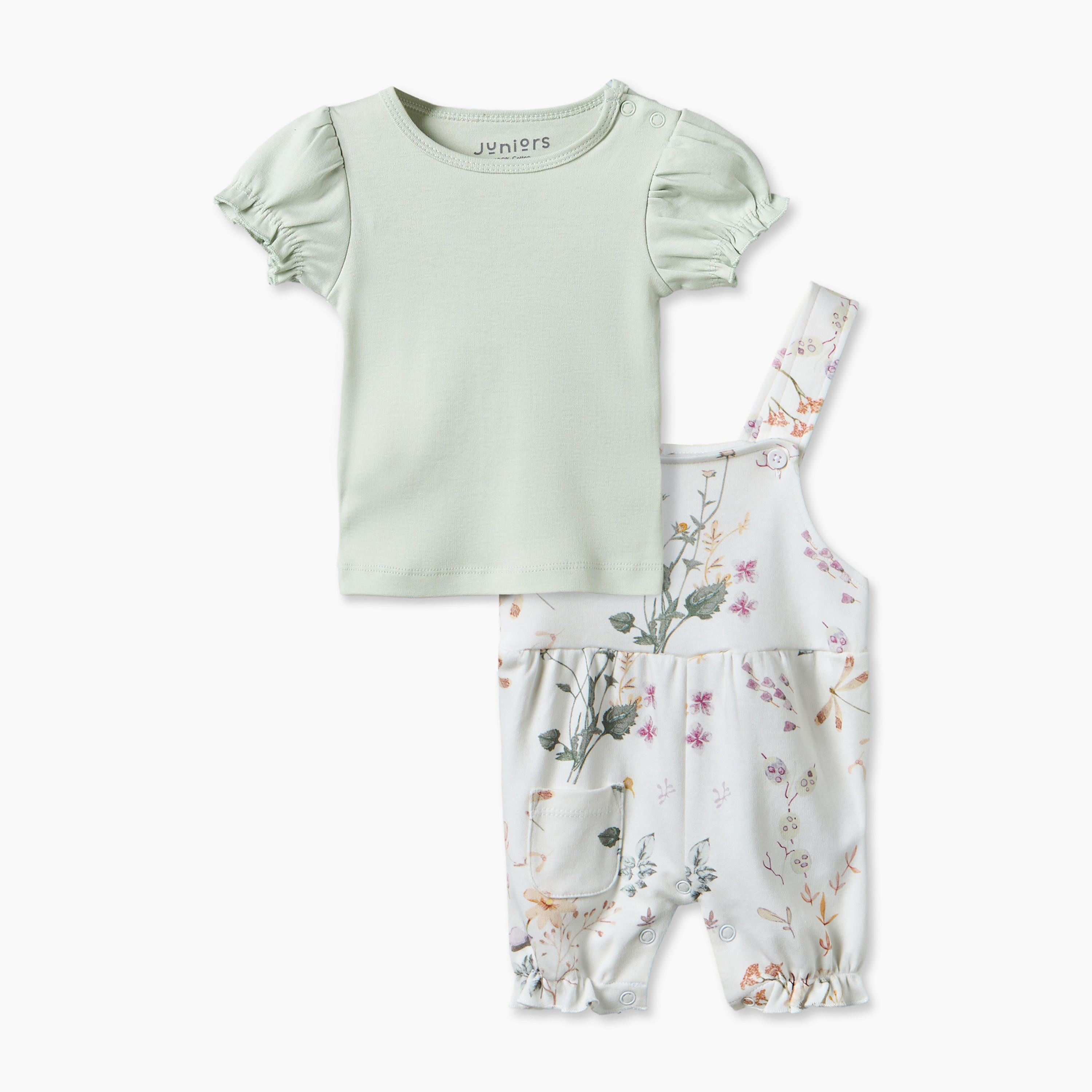 طقم دونغري بطبعات زهرية وبلوزة بياقة مستديرة وأكمام قصيرة من جونيورز-baby-girls-clothing-setsandcoords-image-1