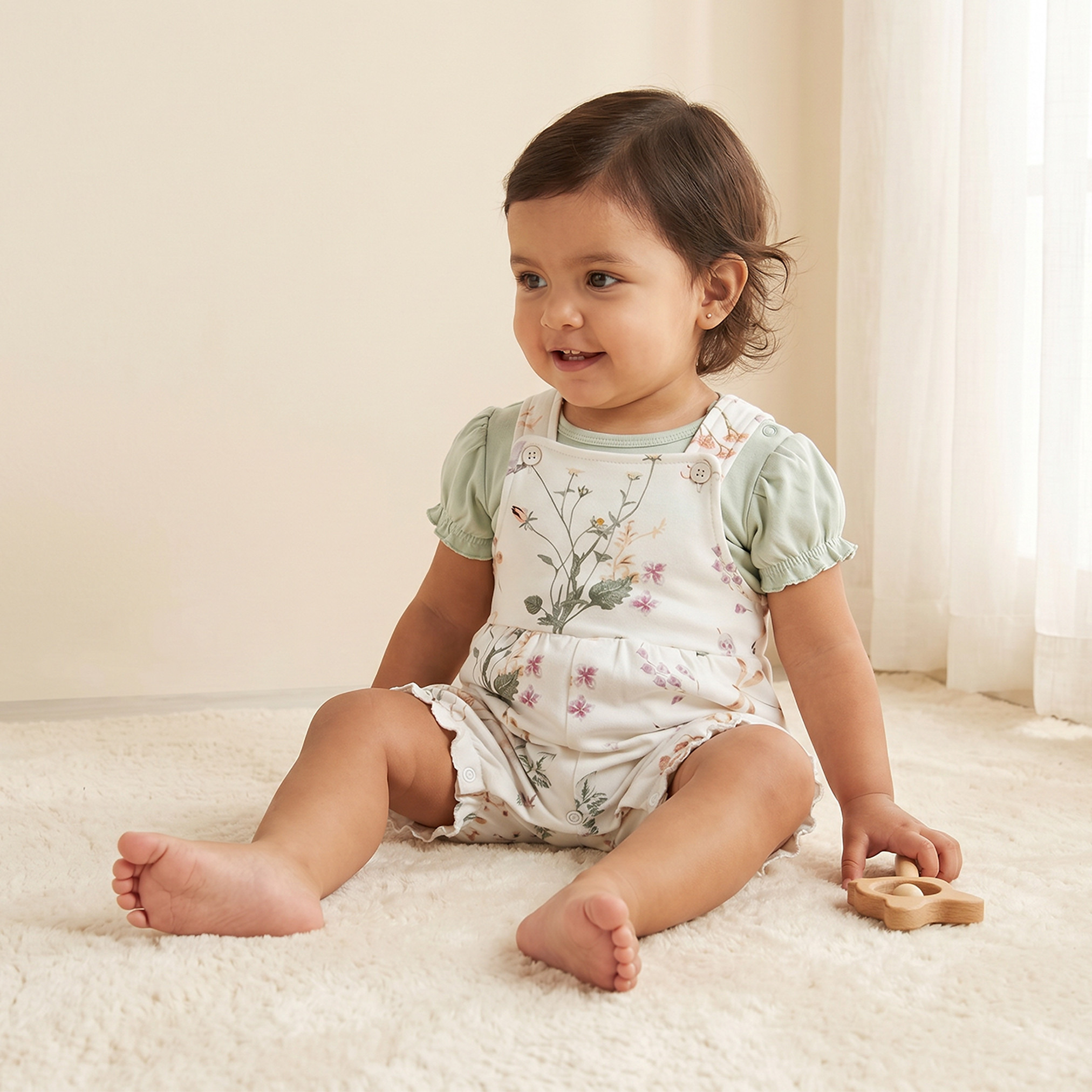 طقم دونغري بطبعات زهرية وبلوزة بياقة مستديرة وأكمام قصيرة من جونيورز-baby-girls-clothing-setsandcoords-image-2