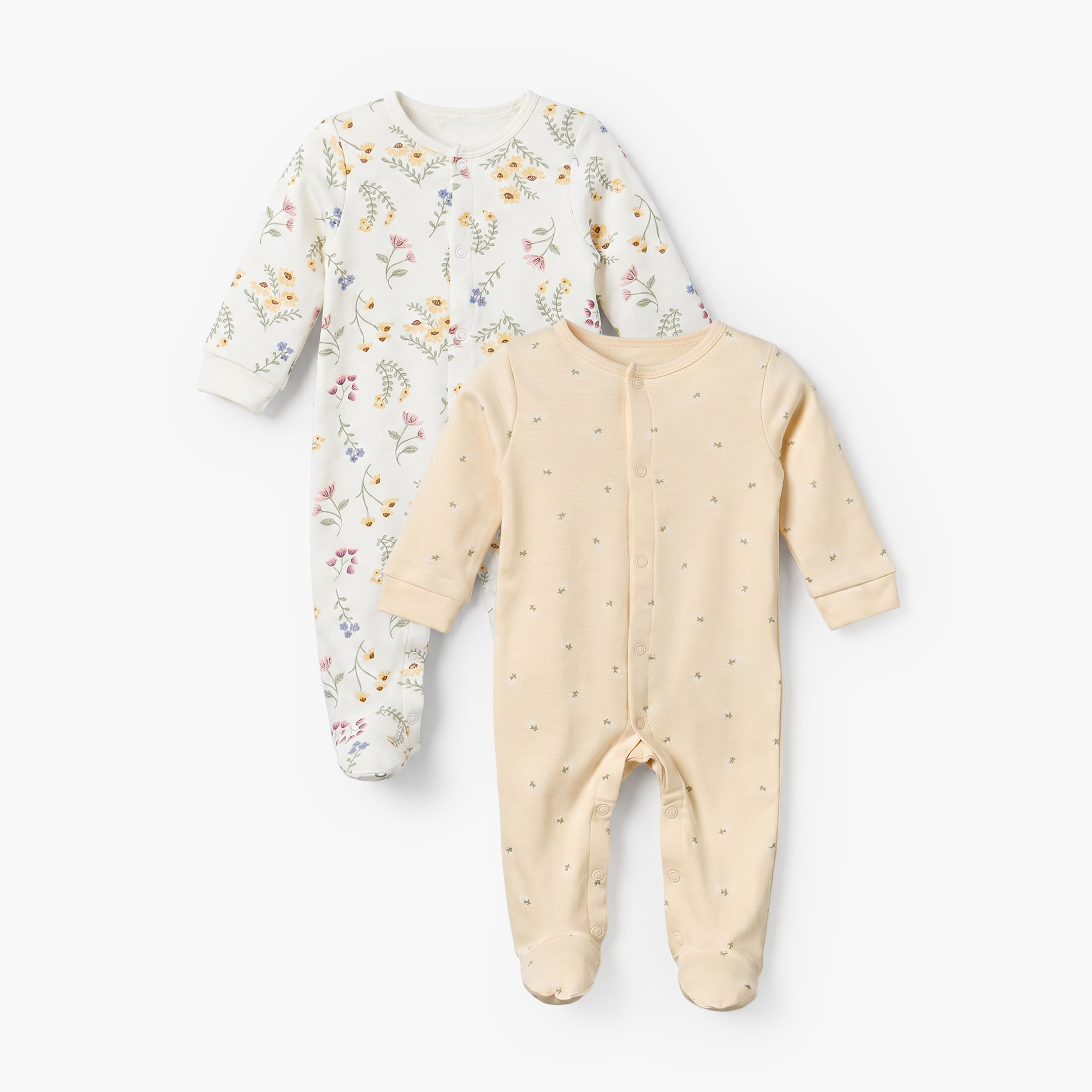 Pack of 2 Juniors Cotton Round Neck Long Sleeves Sleepsuit with Floral Print-baby-girls-clothing-nightwear-sleepsuits-image-1