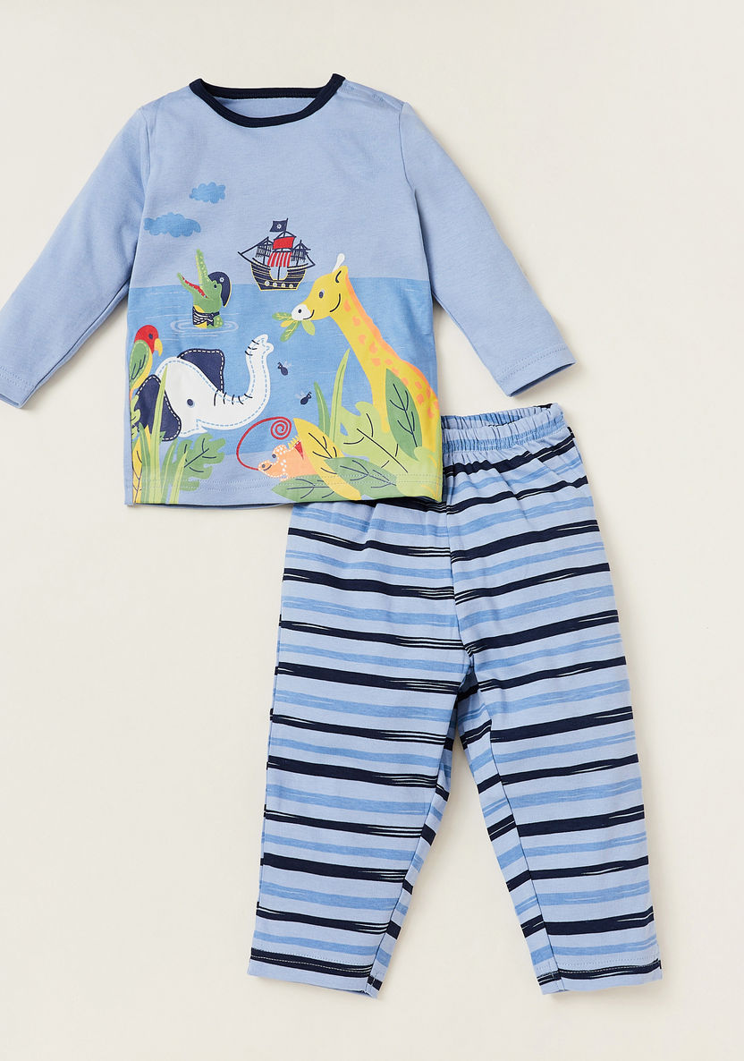 Juniors Graphic Print T-shirt and Full-Length Striped Pyjama Set-Pyjama Sets-image-0
