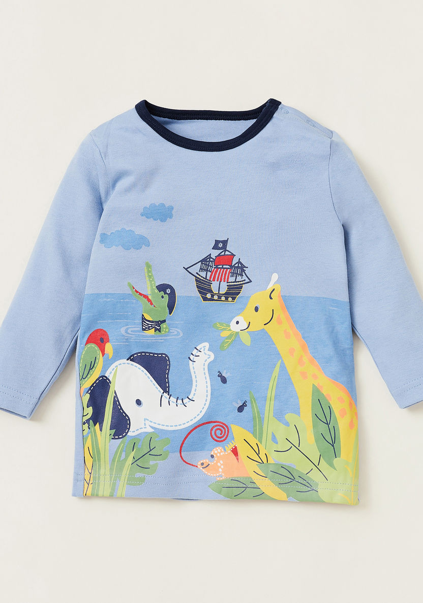 Juniors Graphic Print T-shirt and Full-Length Striped Pyjama Set-Pyjama Sets-image-1