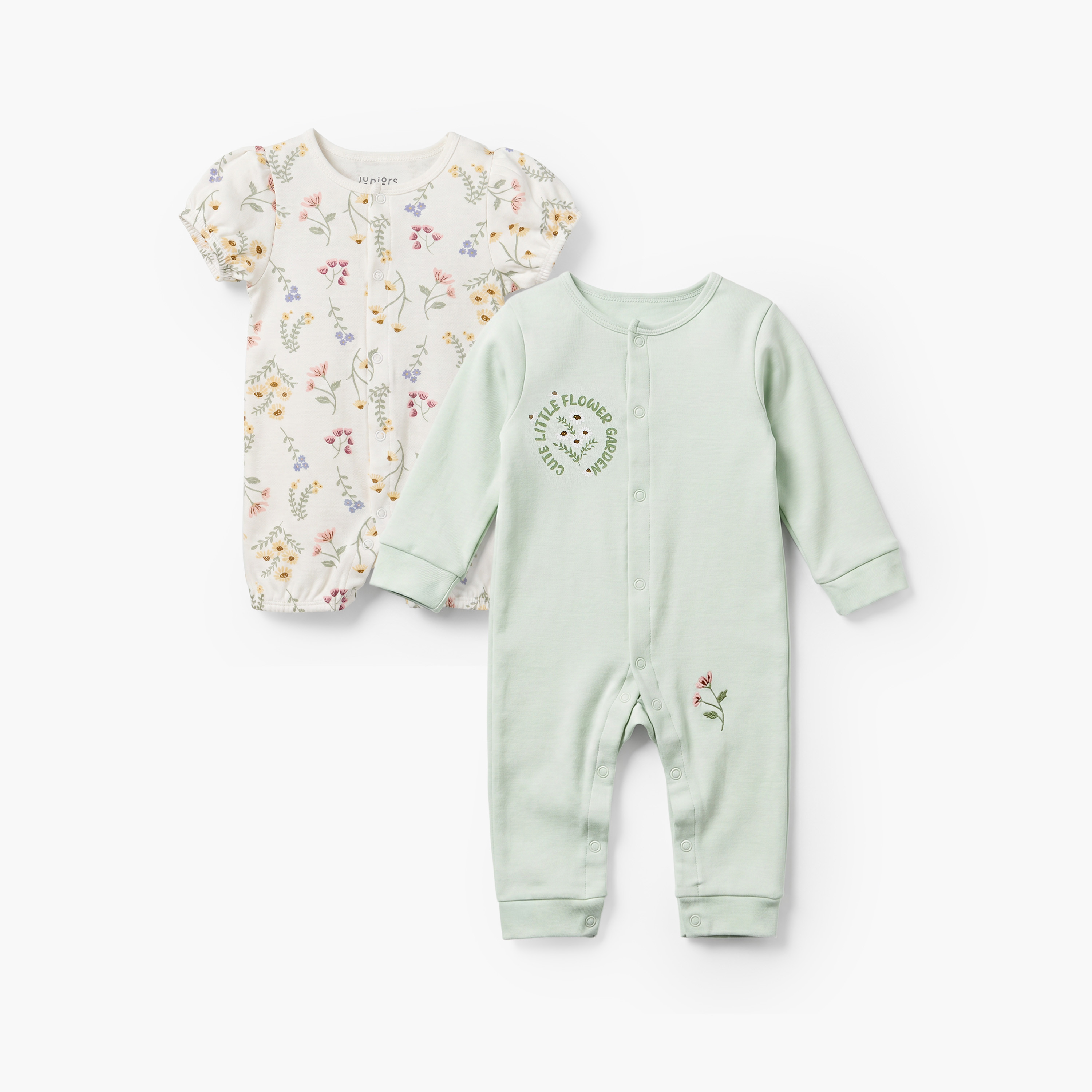 Set of 2 Juniors Crew Neck Sleepsuit and Romper with Floral Print-baby-girls-clothing-nightwear-sleepsuits-image-1