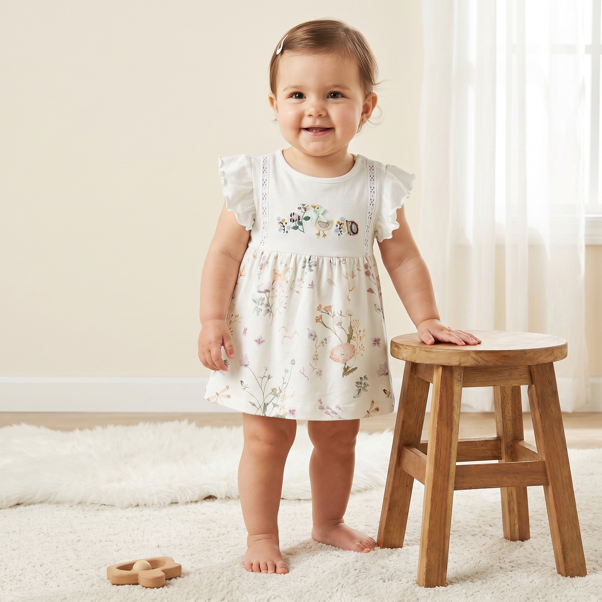 فستان طول الركبة بطبعات أزهار وأكمام قصيرة وياقة مستديرة من جونيورز-baby-girls-clothing-dressesandjumpsuits-image-1