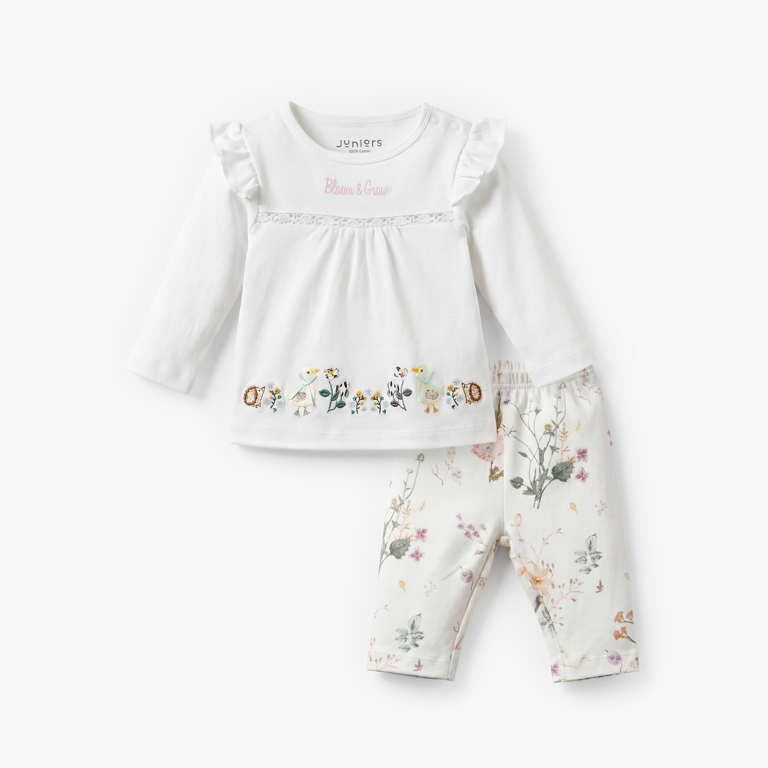 طقم بيجاما قطنية بياقة دائرية وأكمام طويلة للبنات بطبعة زهور-baby-girls-clothing-nightwear-pyjamasets-image-1