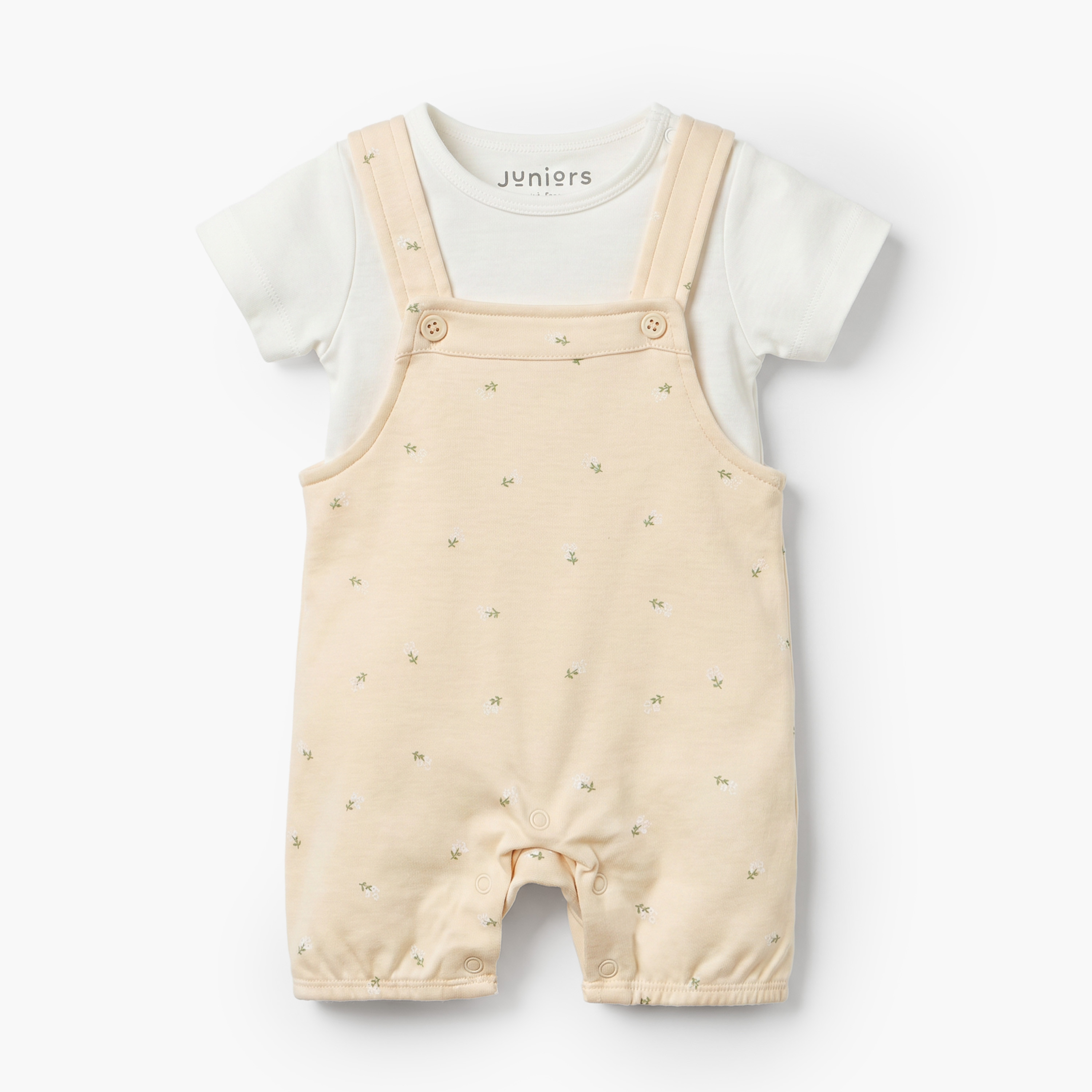 Juniors Crew Neck Short Sleeves T-shirt and Dungaree Set with Floral Print-baby-girls-clothing-rompers-image-1