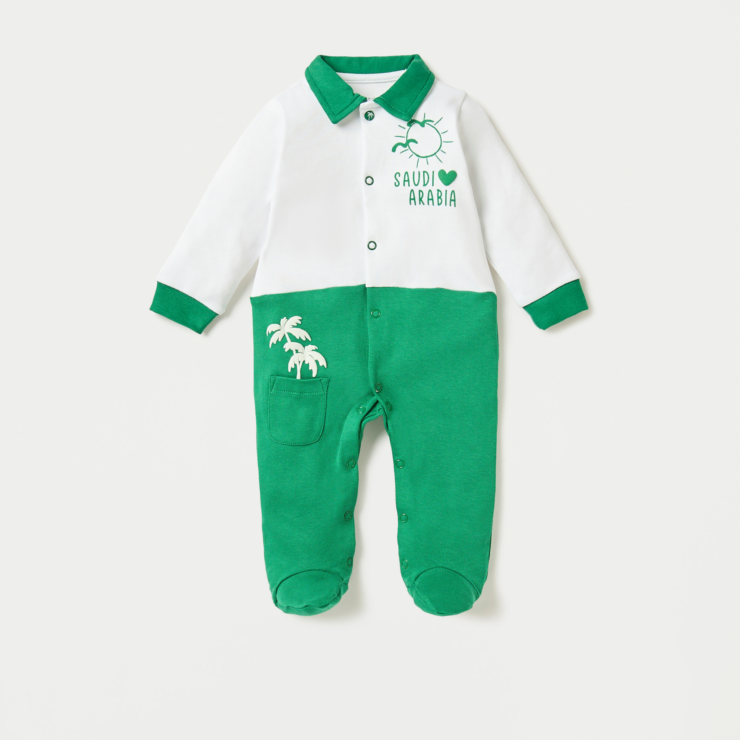 Juniors KSA National Day Print Footed Sleepsuit with Collar and Long Sleeves-baby-boys-clothing-nightwear-sleepsuits-image-1