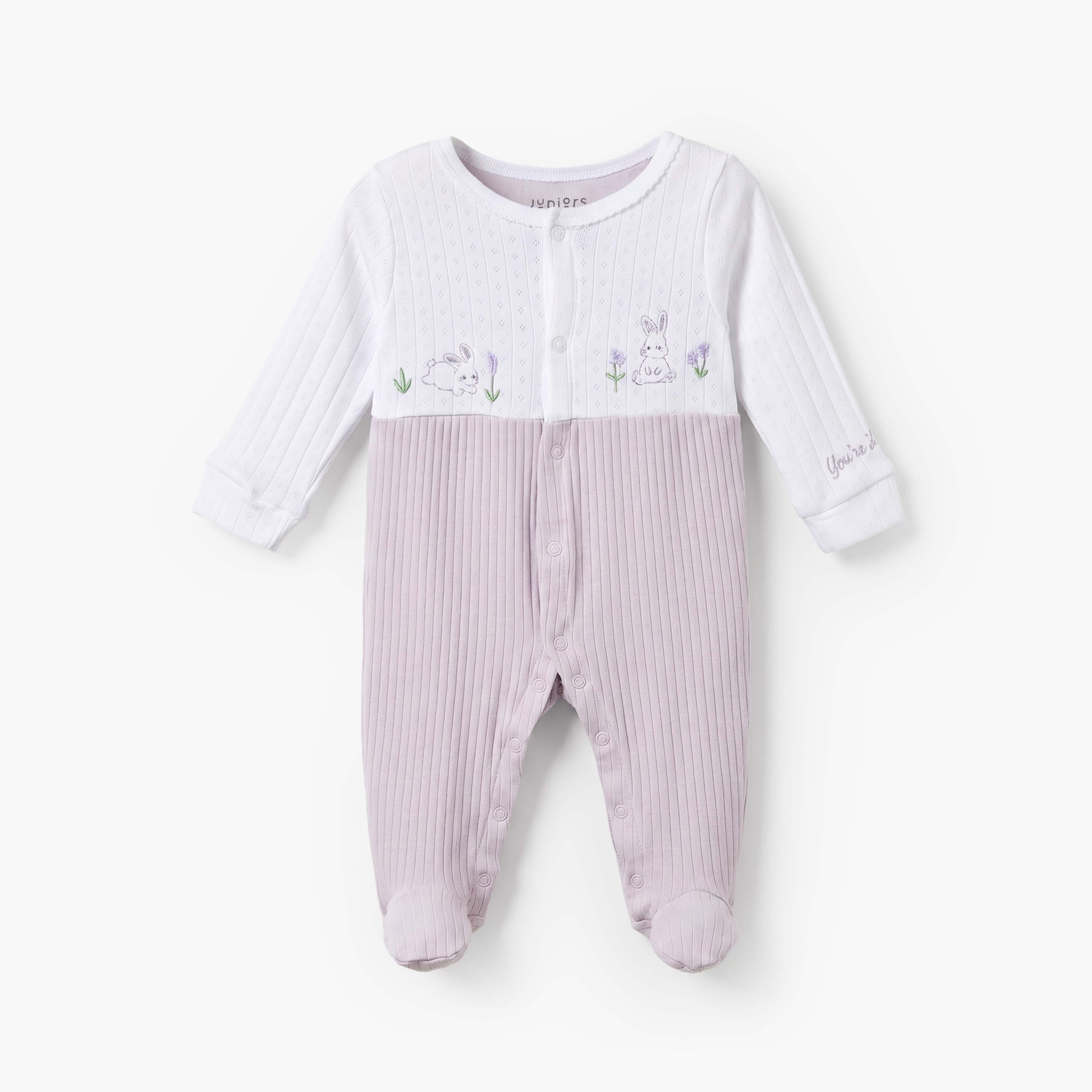 بدلة نوم قطن بياقة مستديرة وأكمام طويلة وطبعات أرنب من جونيورز-baby-girls-clothing-nightwear-sleepsuits-image-1