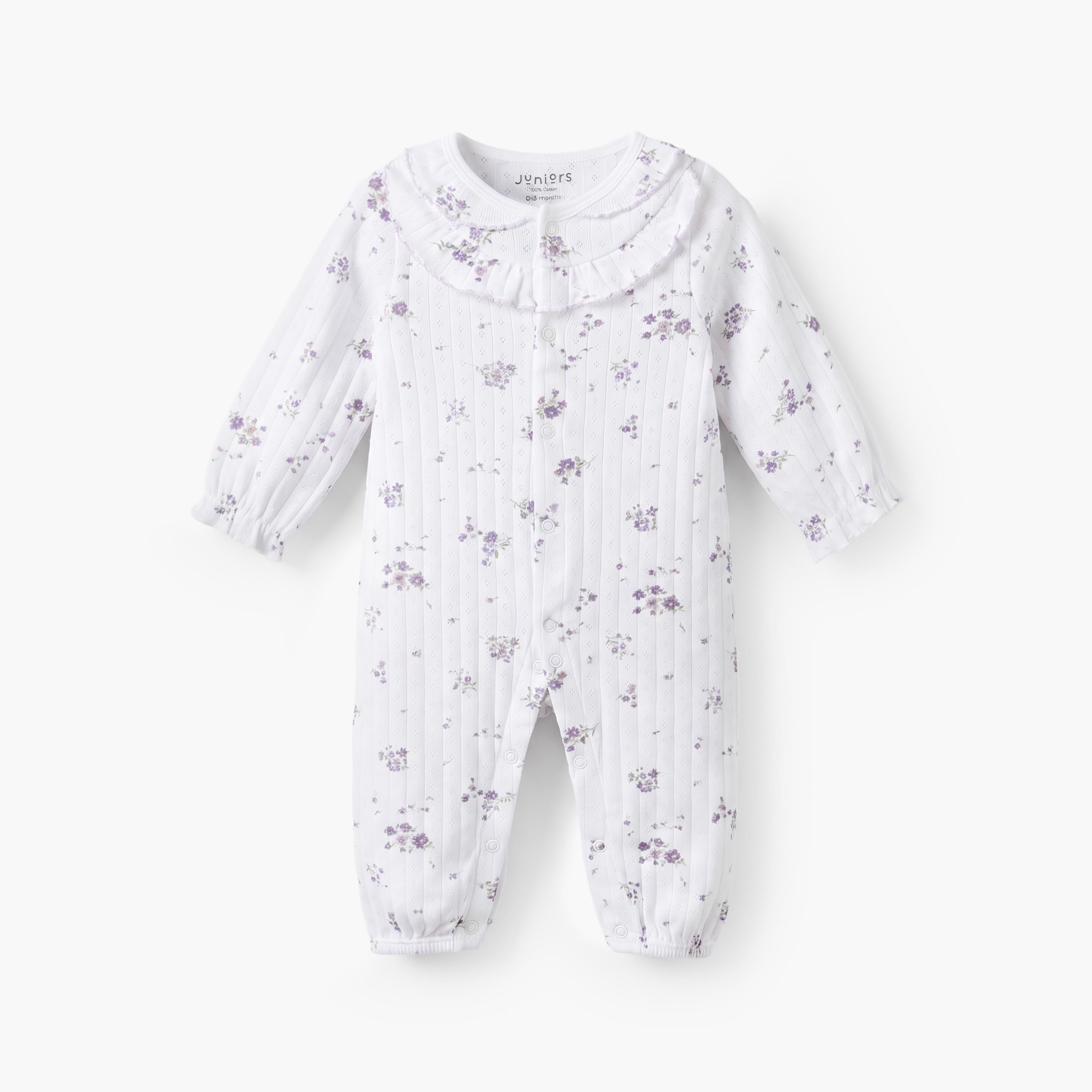 بدلة نوم قطن بطبعات أزهار وياقة ضيقة وأكمام طويلة من جونيورز-baby-girls-clothing-nightwear-sleepsuits-image-1