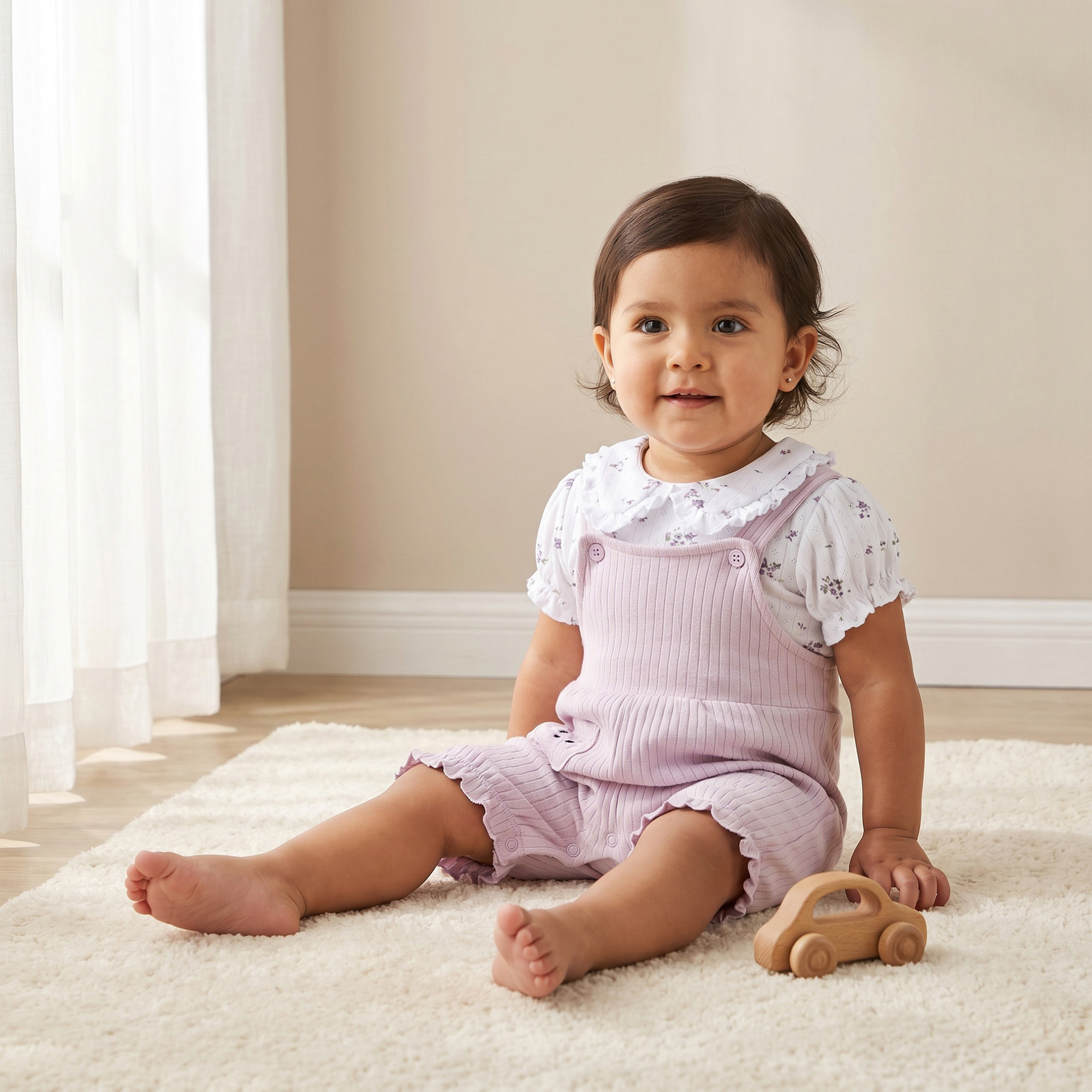 Juniors Collared Short Sleeves T-shirt and Dungaree Set with Floral Print-baby-girls-clothing-setsandcoords-image-1