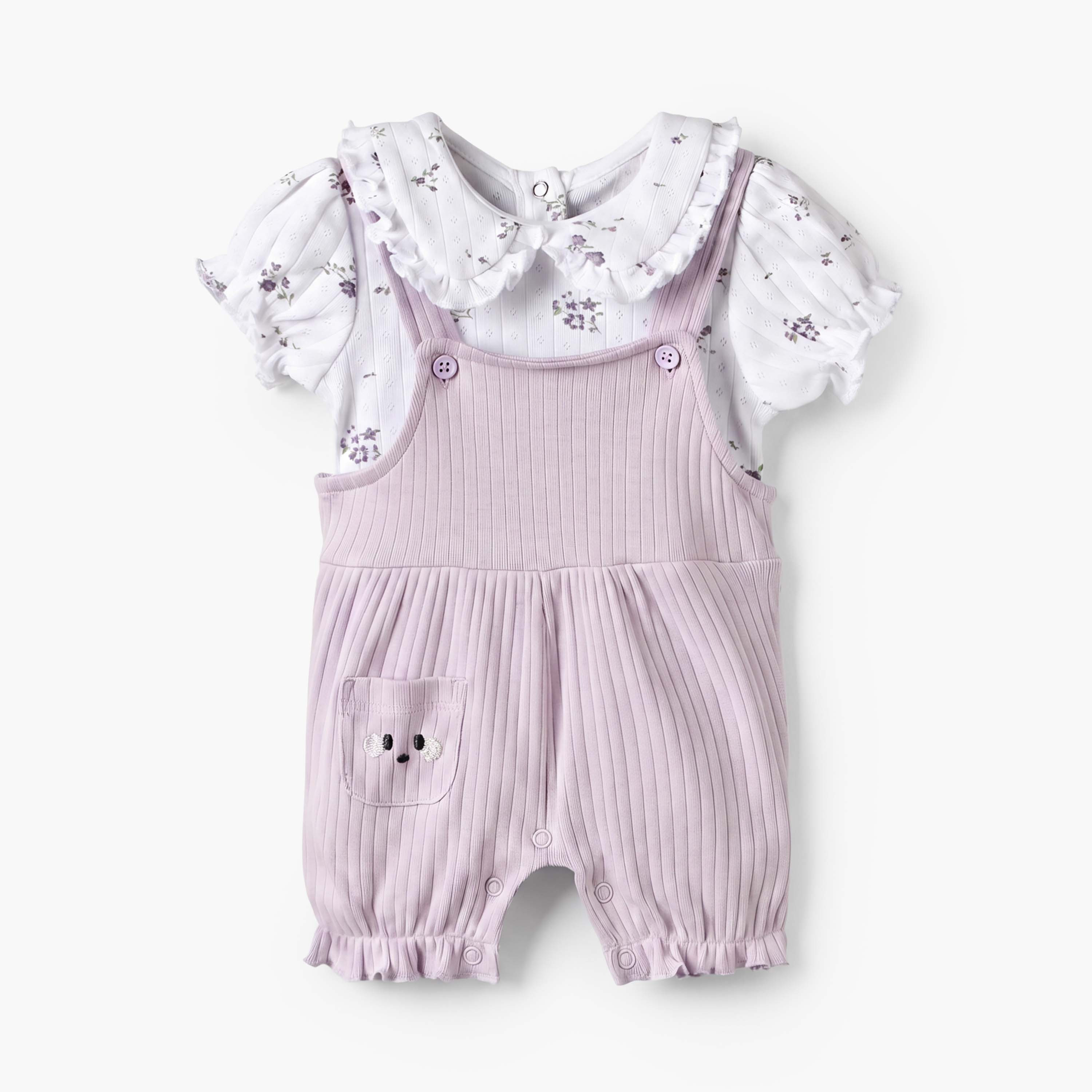 Juniors Collared Short Sleeves T-shirt and Dungaree Set with Floral Print-baby-girls-clothing-setsandcoords-image-2
