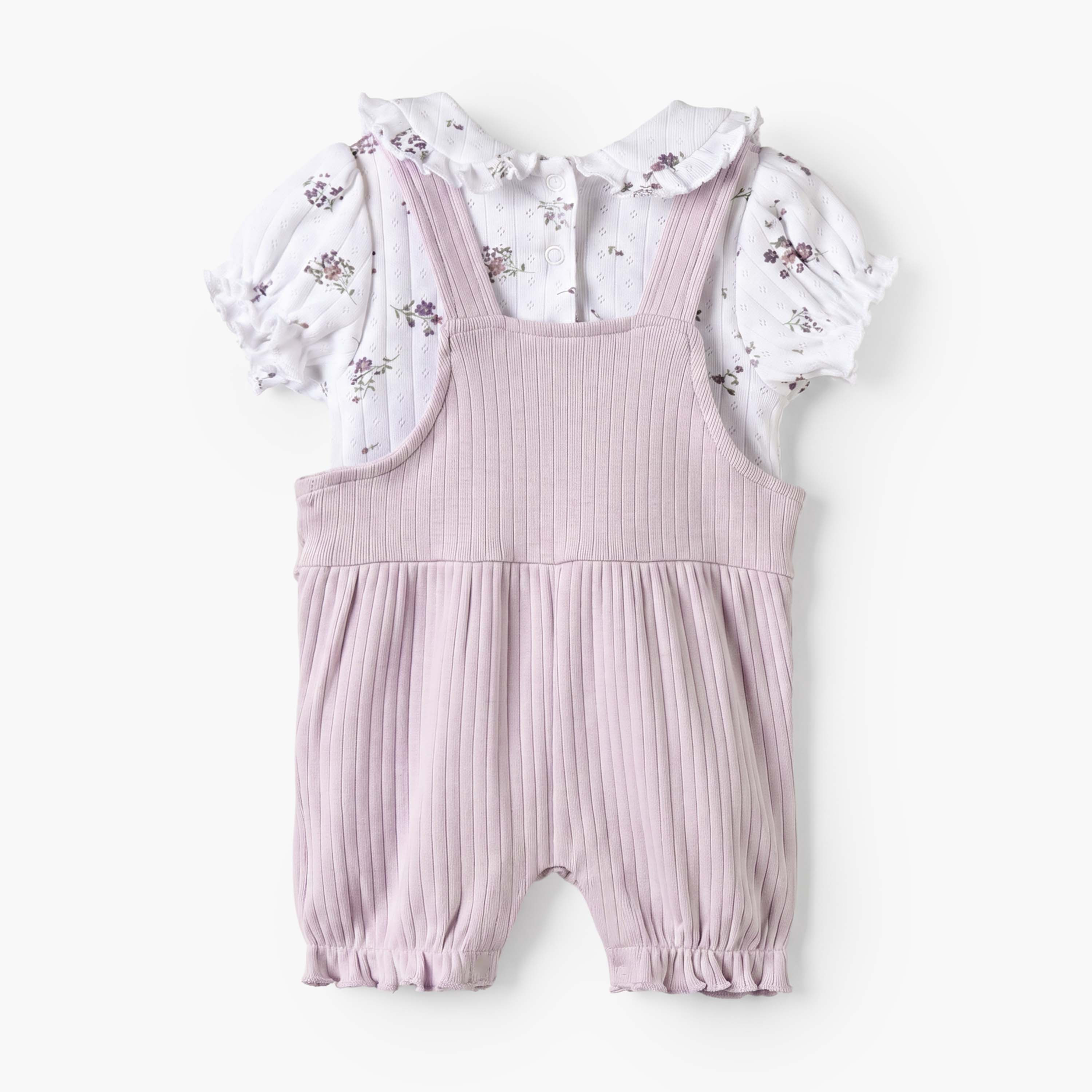 Juniors Collared Short Sleeves T-shirt and Dungaree Set with Floral Print-baby-girls-clothing-setsandcoords-image-3
