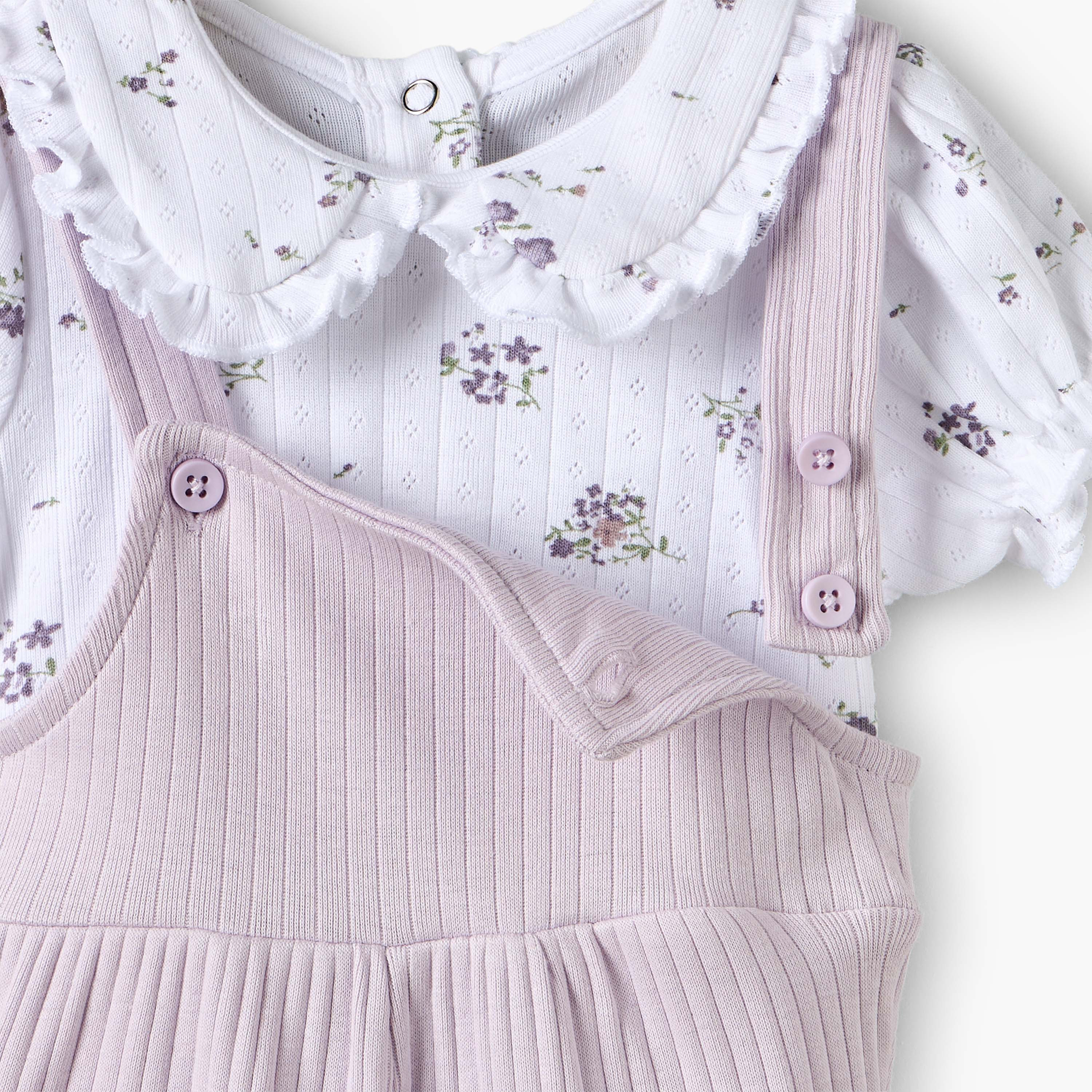 Juniors Collared Short Sleeves T-shirt and Dungaree Set with Floral Print-baby-girls-clothing-setsandcoords-image-6