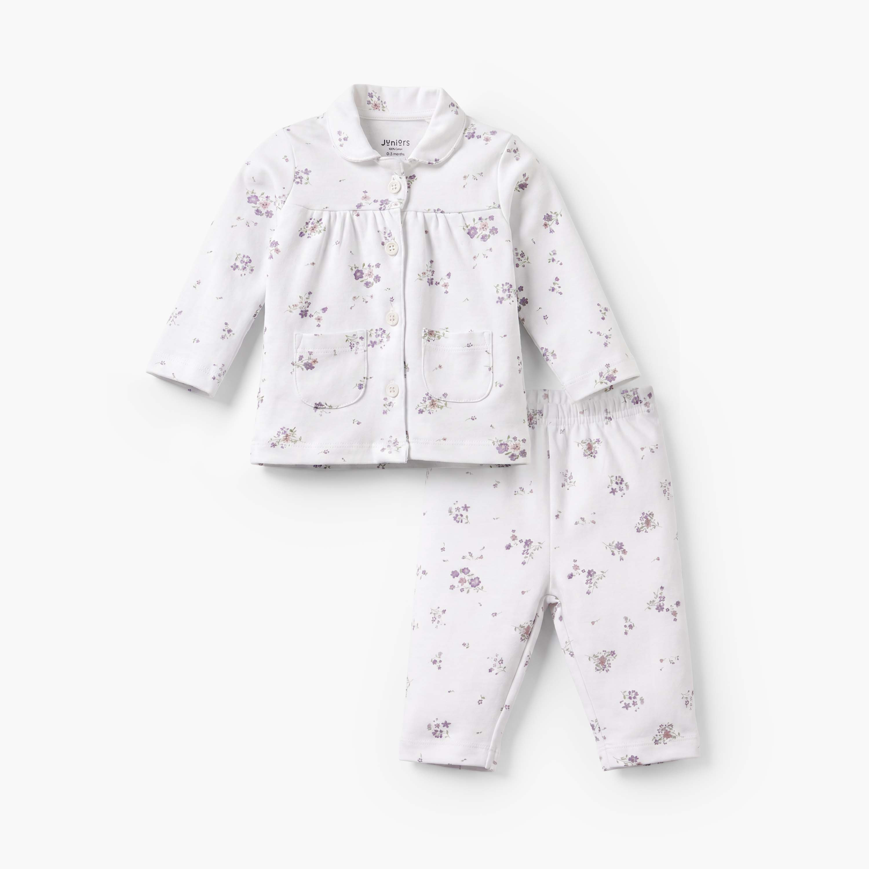 طقم بيجاما قطن بياقة وأكمام طويلة وطبعات زهور من جونيورز-baby-girls-clothing-nightwear-pyjamasets-image-1