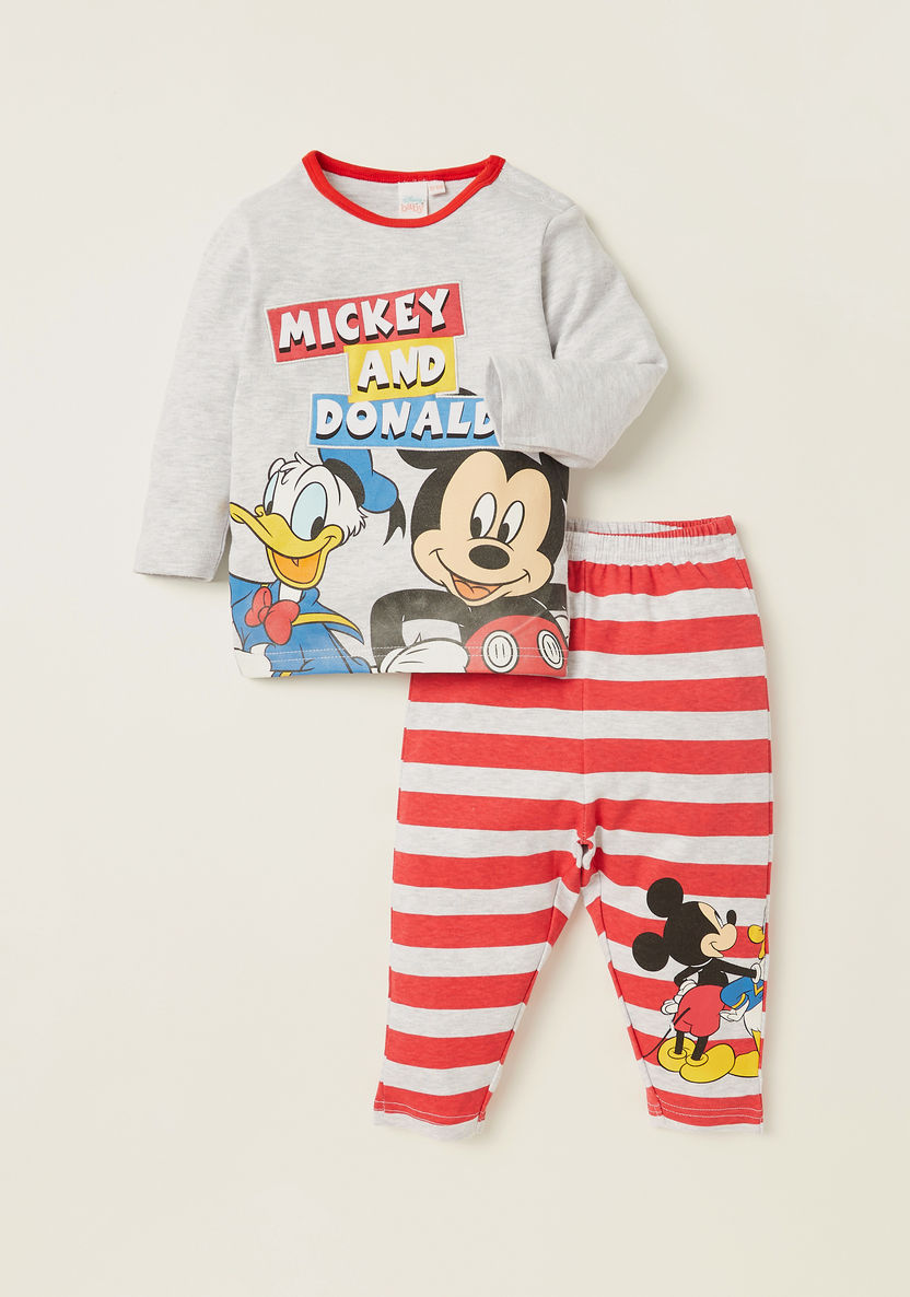 Disney Mickey and Friends Print T-shirt and Striped Pyjama Set-Pyjama Sets-image-0