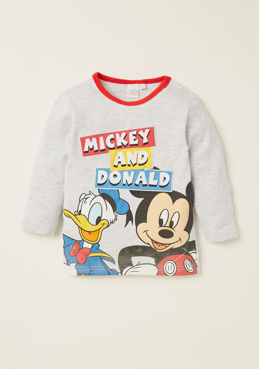 Disney Mickey and Friends Print T-shirt and Striped Pyjama Set-Pyjama Sets-image-1