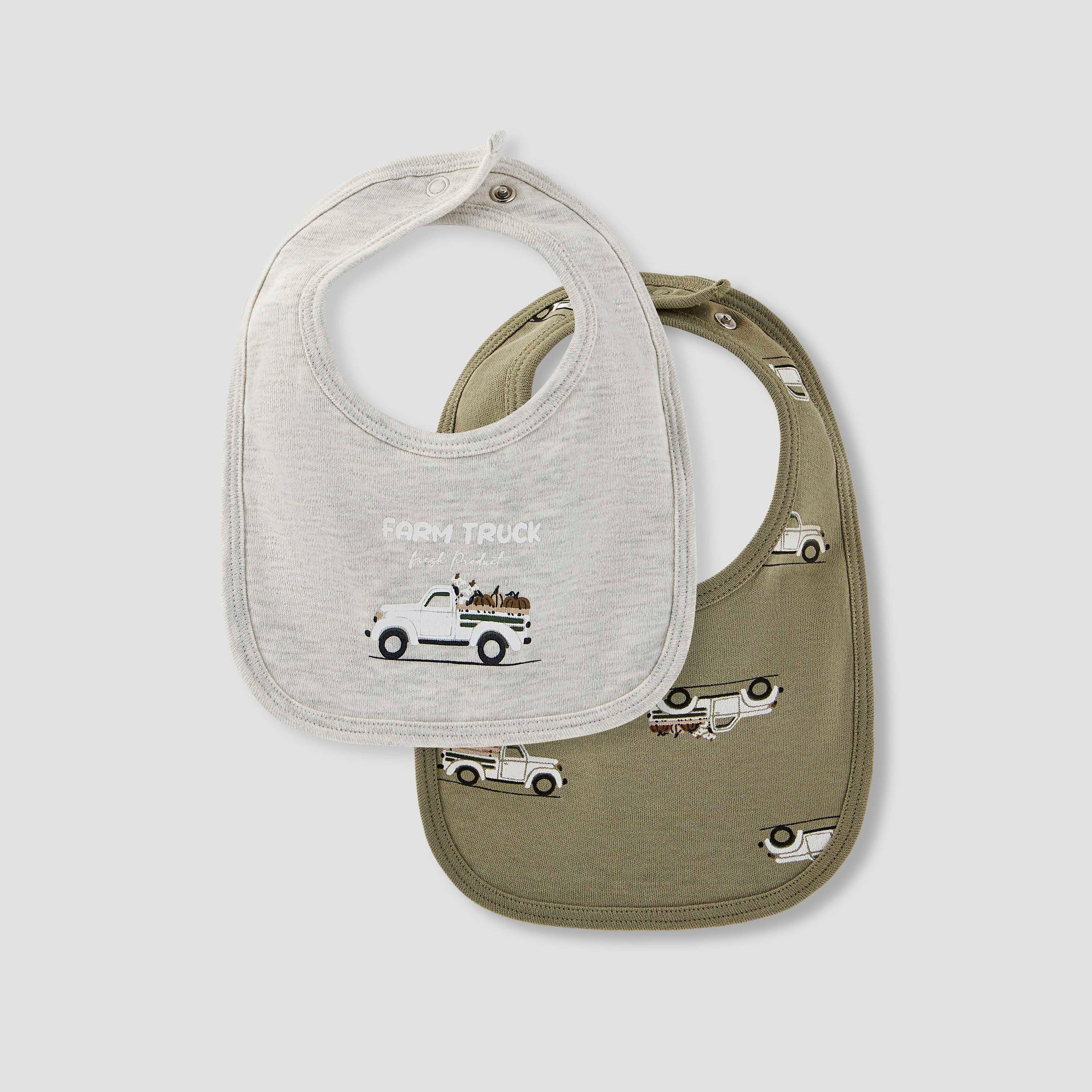 Juniors Farm Truck Print Bib with Button Closure - Set of 2-baby-feeding-bibs-image-1