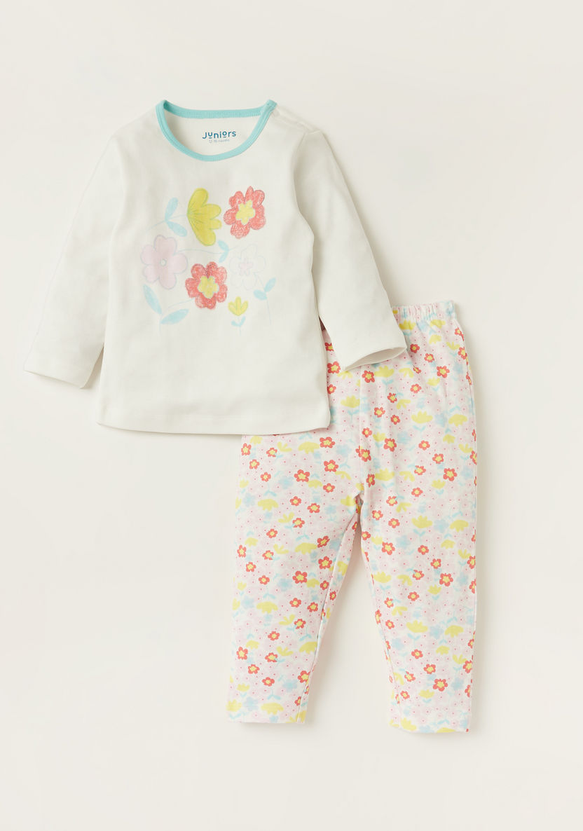 Juniors Floral Print T-shirt and All-Over Printed Pyjamas Set-Pyjama Sets-image-0