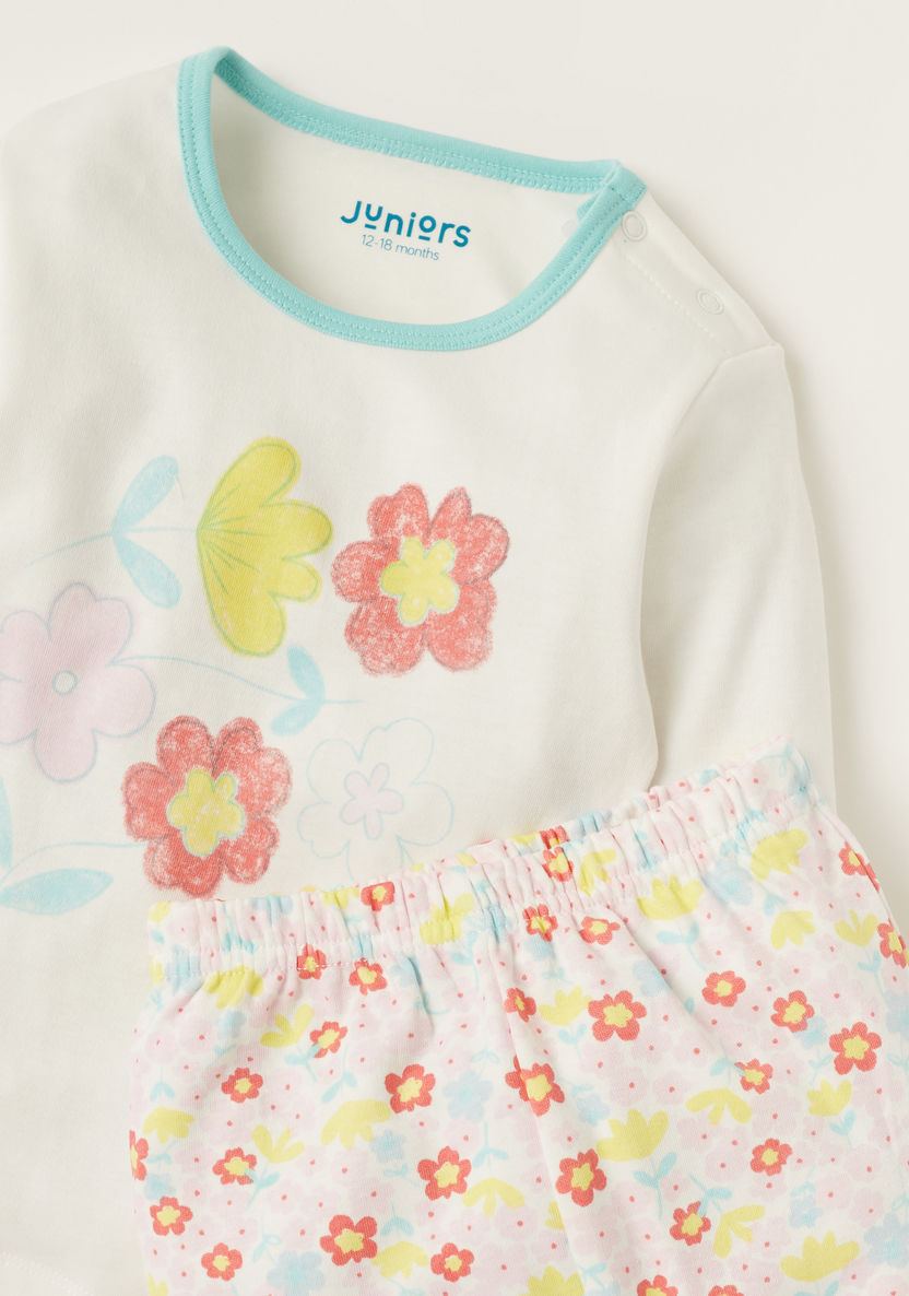 Juniors Floral Print T-shirt and All-Over Printed Pyjamas Set-Pyjama Sets-image-3