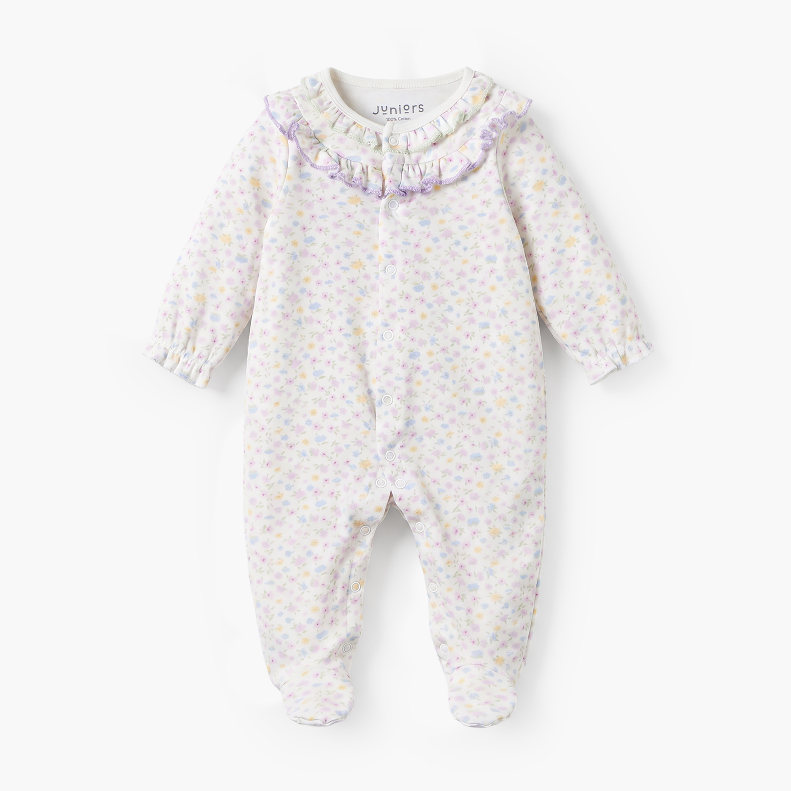 بدلة نوم قطن بياقة ضيقة وأكمام طويلة وطبعات زهور من جونيورز-baby-girls-clothing-nightwear-sleepsuits-image-1