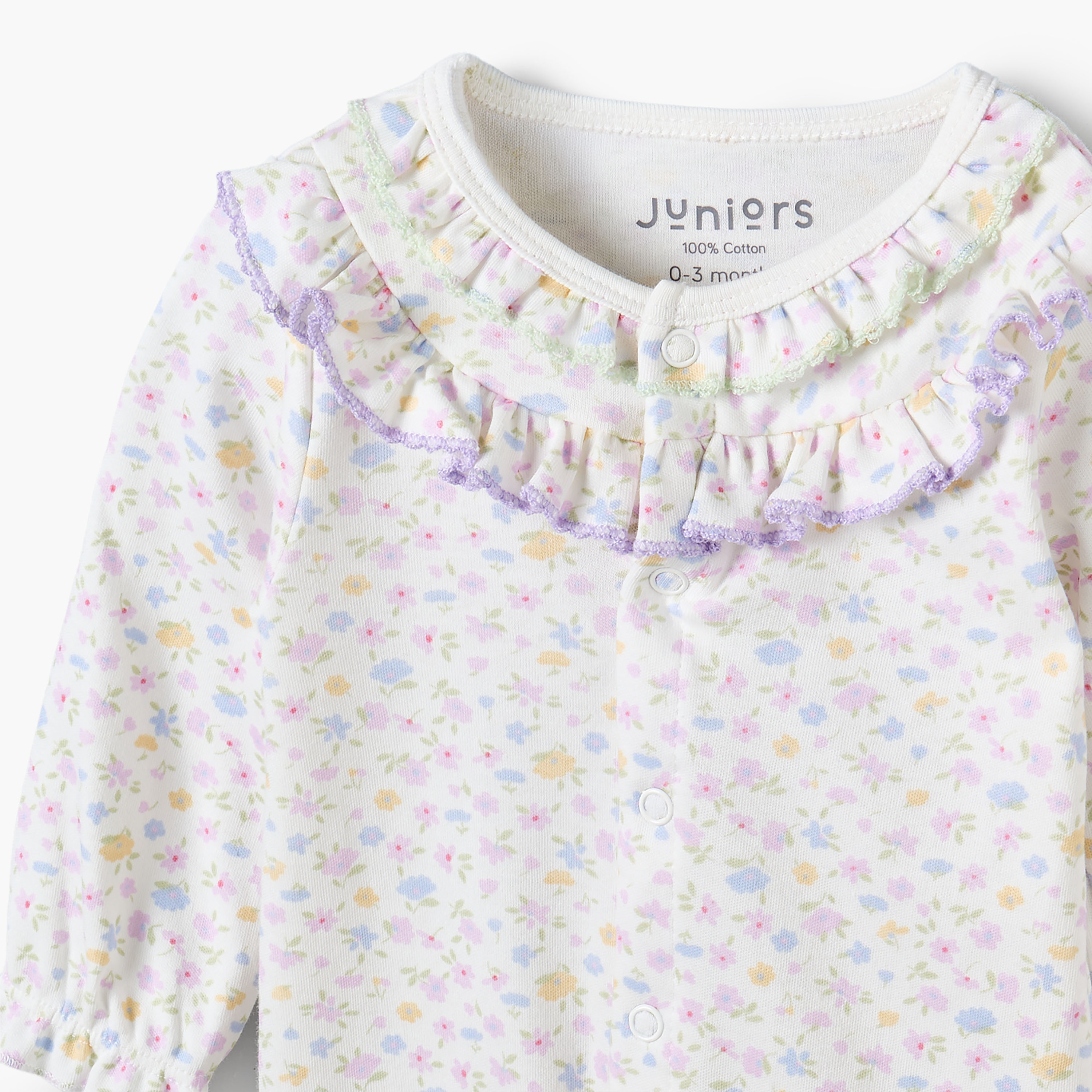 بدلة نوم قطن بياقة ضيقة وأكمام طويلة وطبعات زهور من جونيورز-baby-girls-clothing-nightwear-sleepsuits-image-3