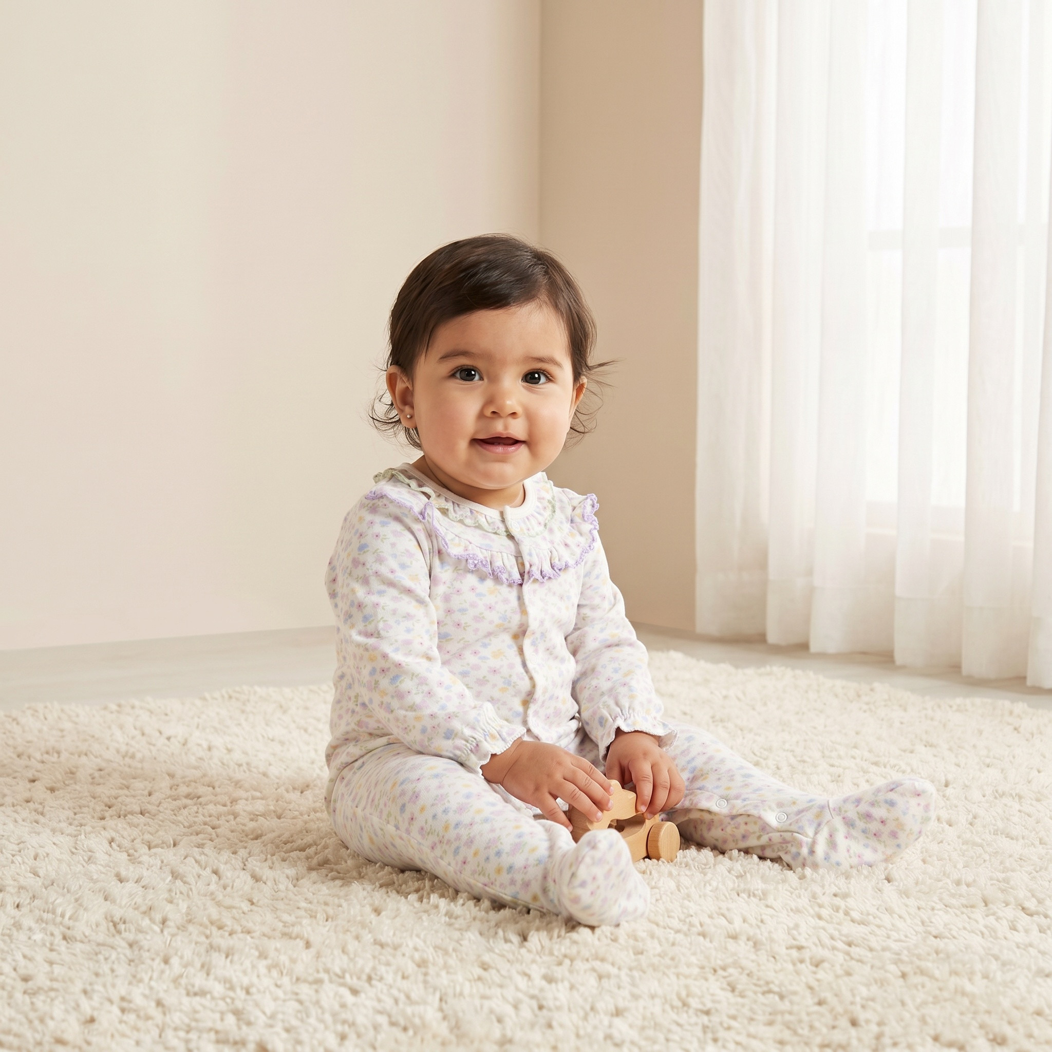 بدلة نوم قطن بياقة ضيقة وأكمام طويلة وطبعات زهور من جونيورز-baby-girls-clothing-nightwear-sleepsuits-image-5