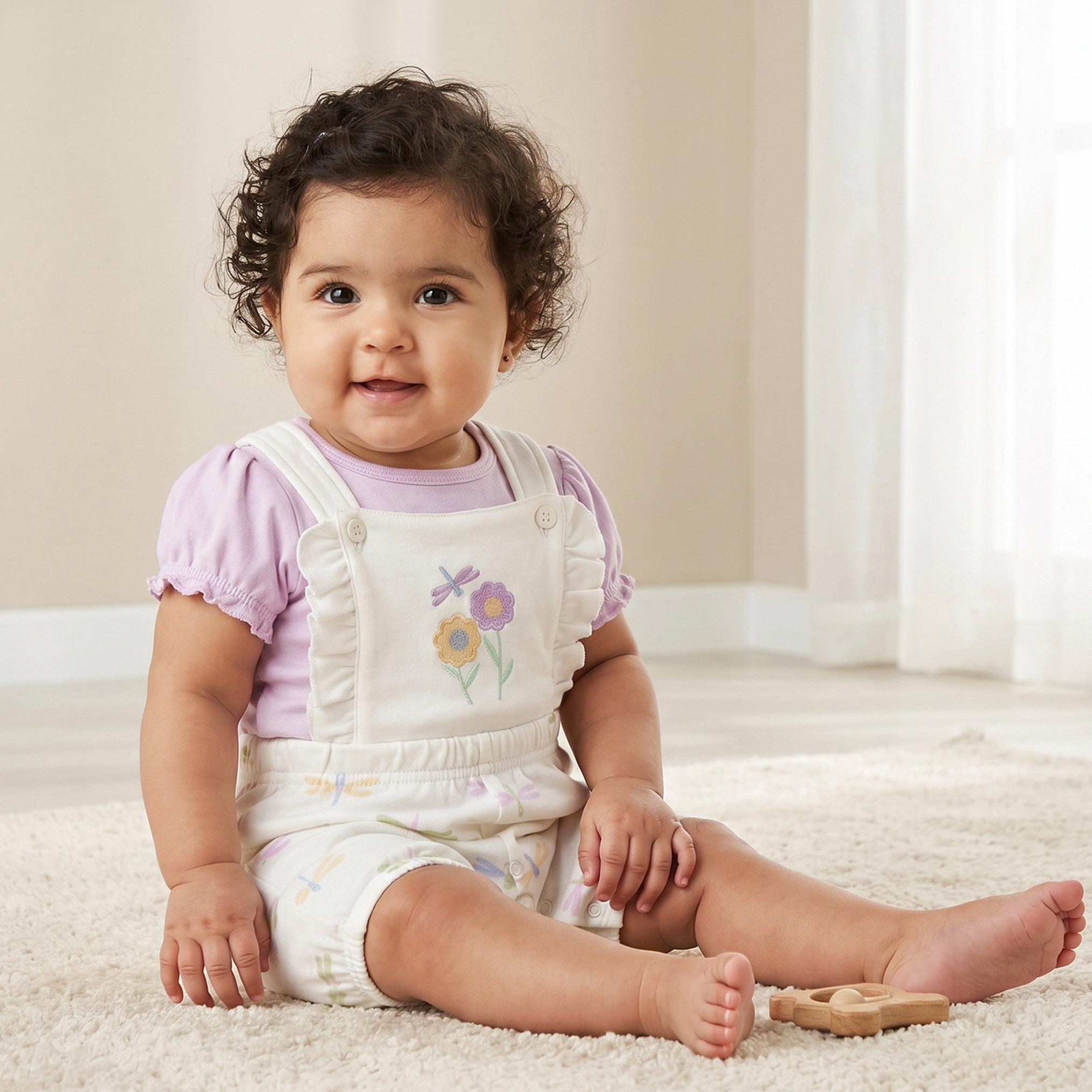Juniors Crew Neck Short Sleeves T-shirt and Dungaree Set with Floral Embroidery-baby-girls-clothing-setsandcoords-image-1