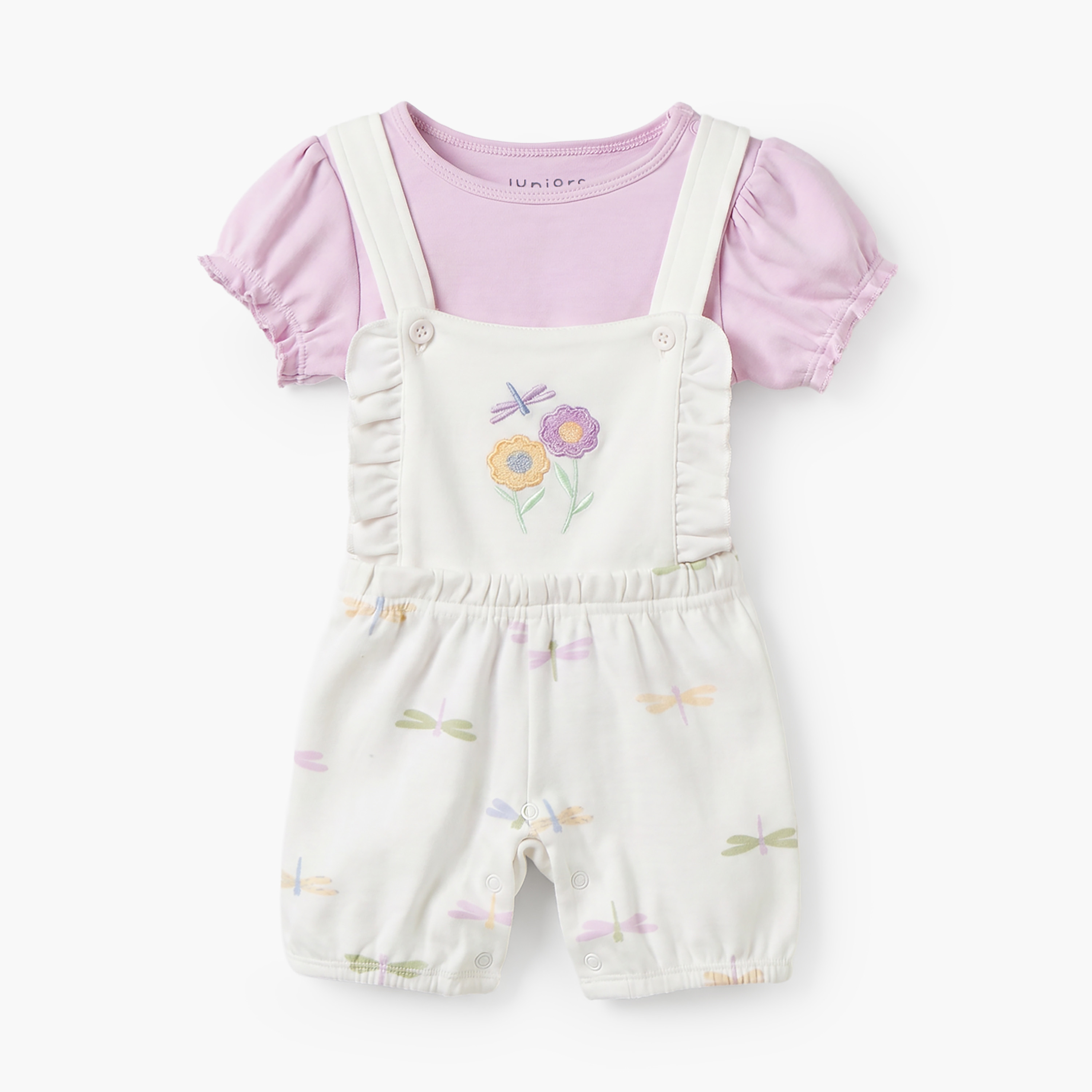 Juniors Crew Neck Short Sleeves T-shirt and Dungaree Set with Floral Embroidery-baby-girls-clothing-setsandcoords-image-2
