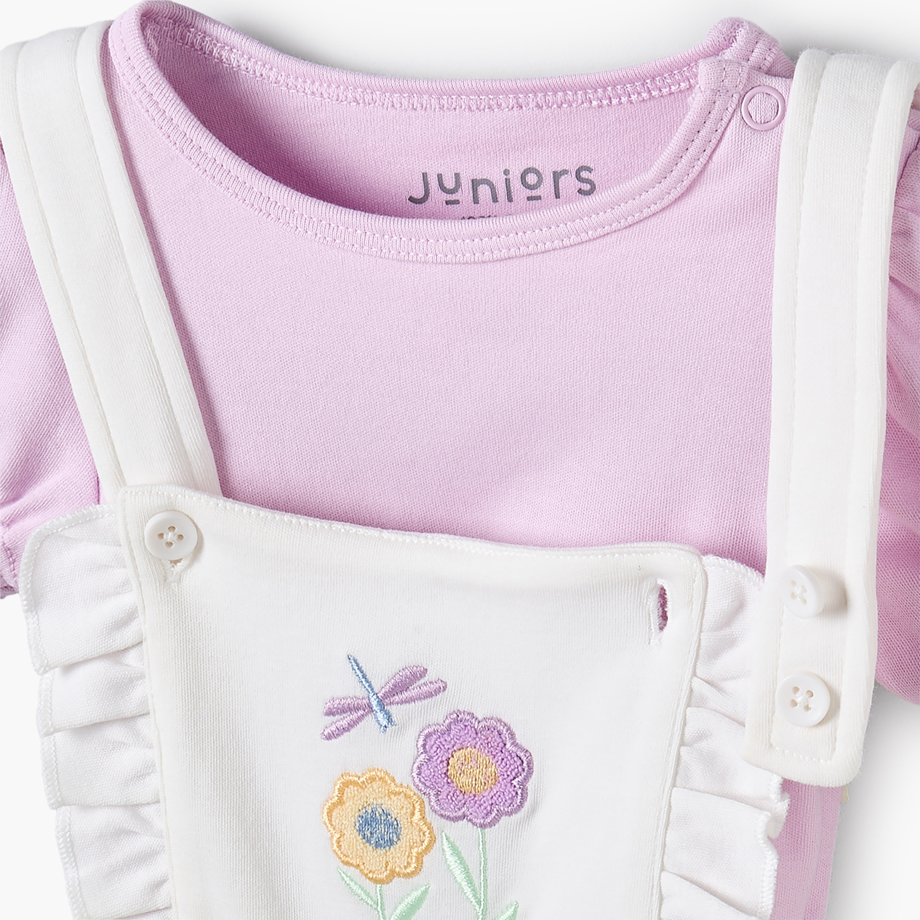 Juniors Crew Neck Short Sleeves T-shirt and Dungaree Set with Floral Embroidery-baby-girls-clothing-setsandcoords-image-6