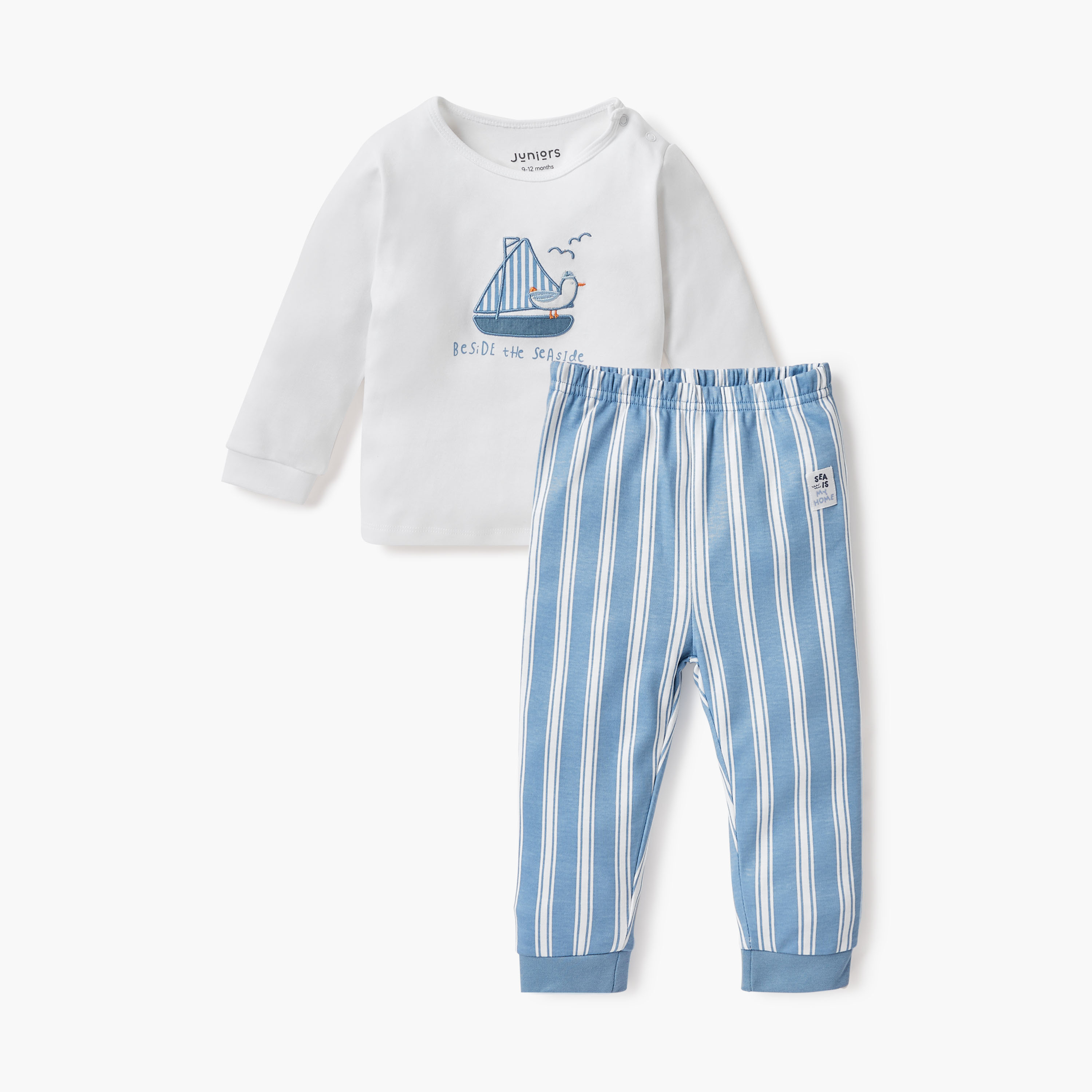 Juniors Boat Applique Detail T-shirt and Striped Pyjama Set-baby-boys-clothing-nightwear-pyjamasets-image-1