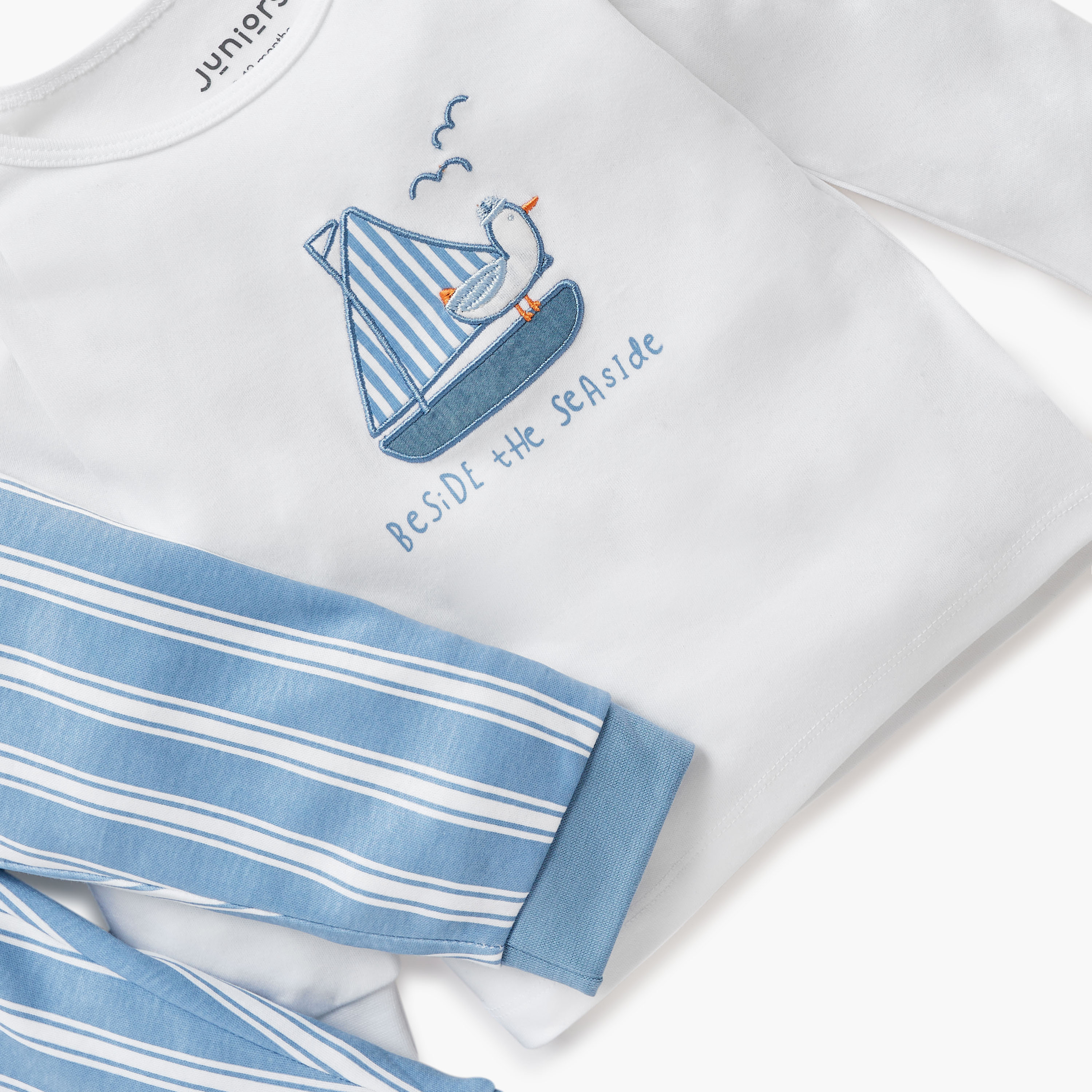 Juniors Boat Applique Detail T-shirt and Striped Pyjama Set-baby-boys-clothing-nightwear-pyjamasets-image-5