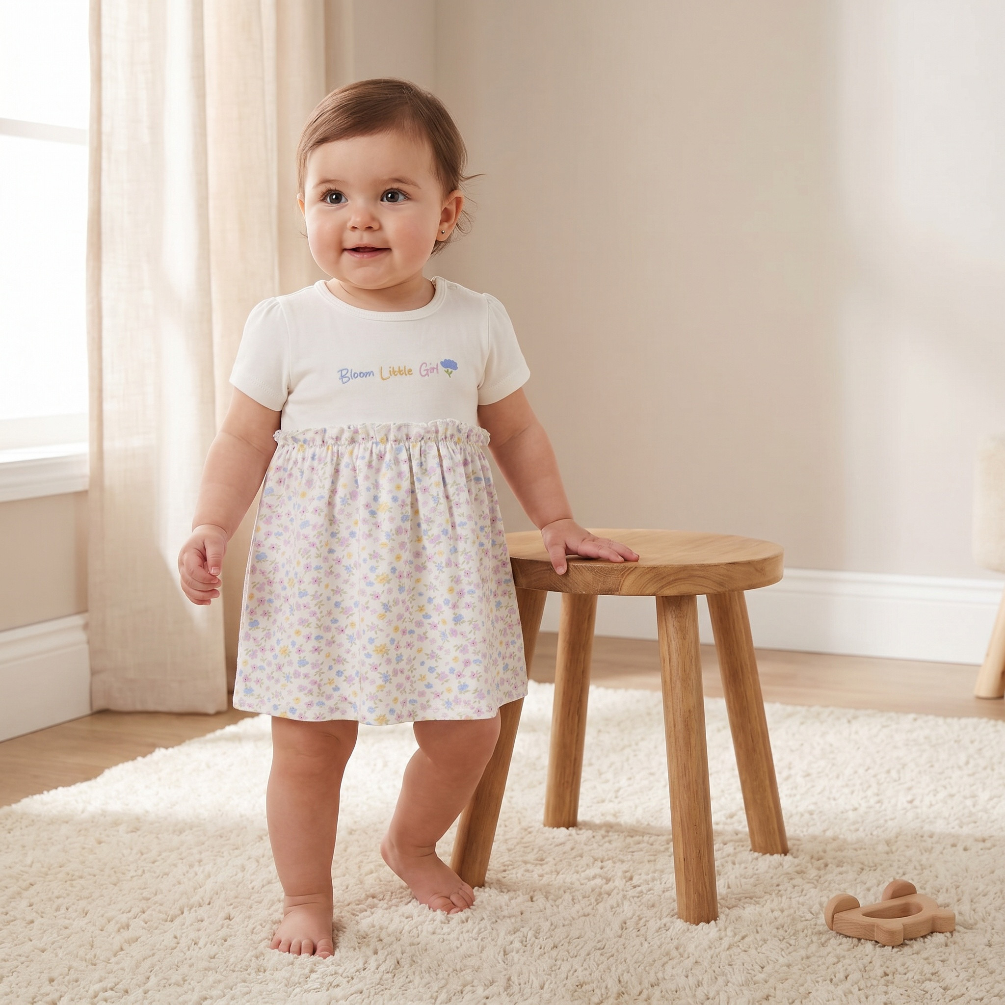 فستان إيه لاين طول الركبة بياقة مستديرة وأكمام قصيرة وطبعات من جونيورز-baby-girls-clothing-dressesandjumpsuits-image-1