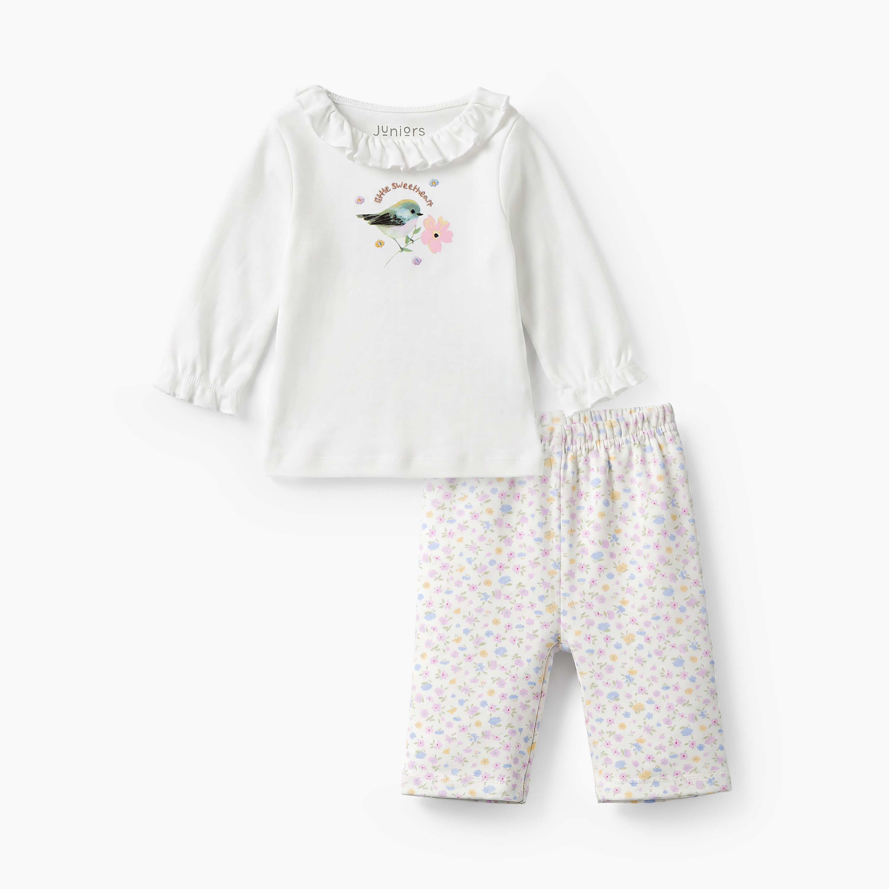 طقم بيجاما قطن بياقة ضيقة وأكمام طويلة وطبعات زهرية من جونيورز-baby-girls-clothing-nightwear-pyjamasets-image-1