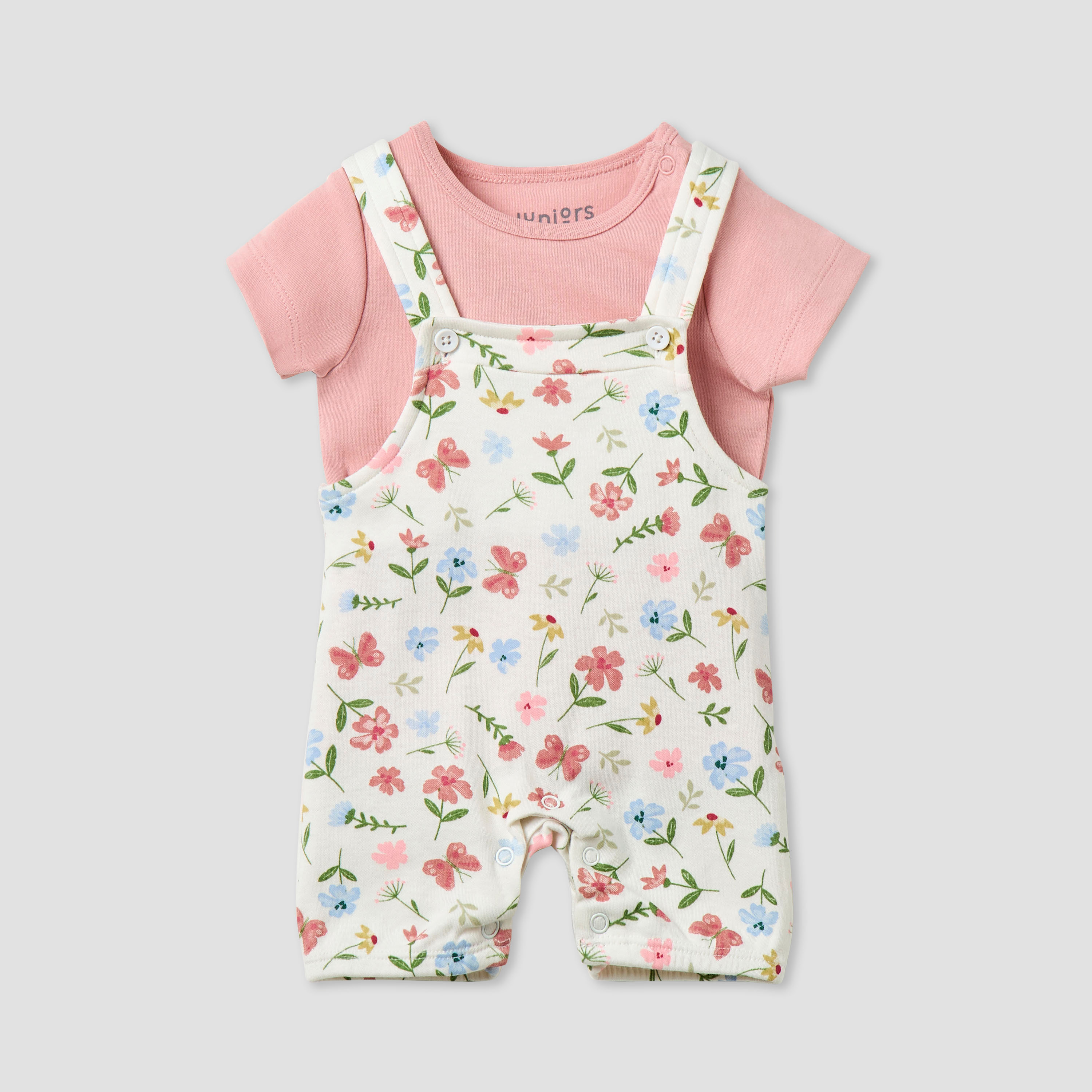 Juniors Floral Print Dungaree and T-shirt Set-baby-girls-clothing-rompers-image-1