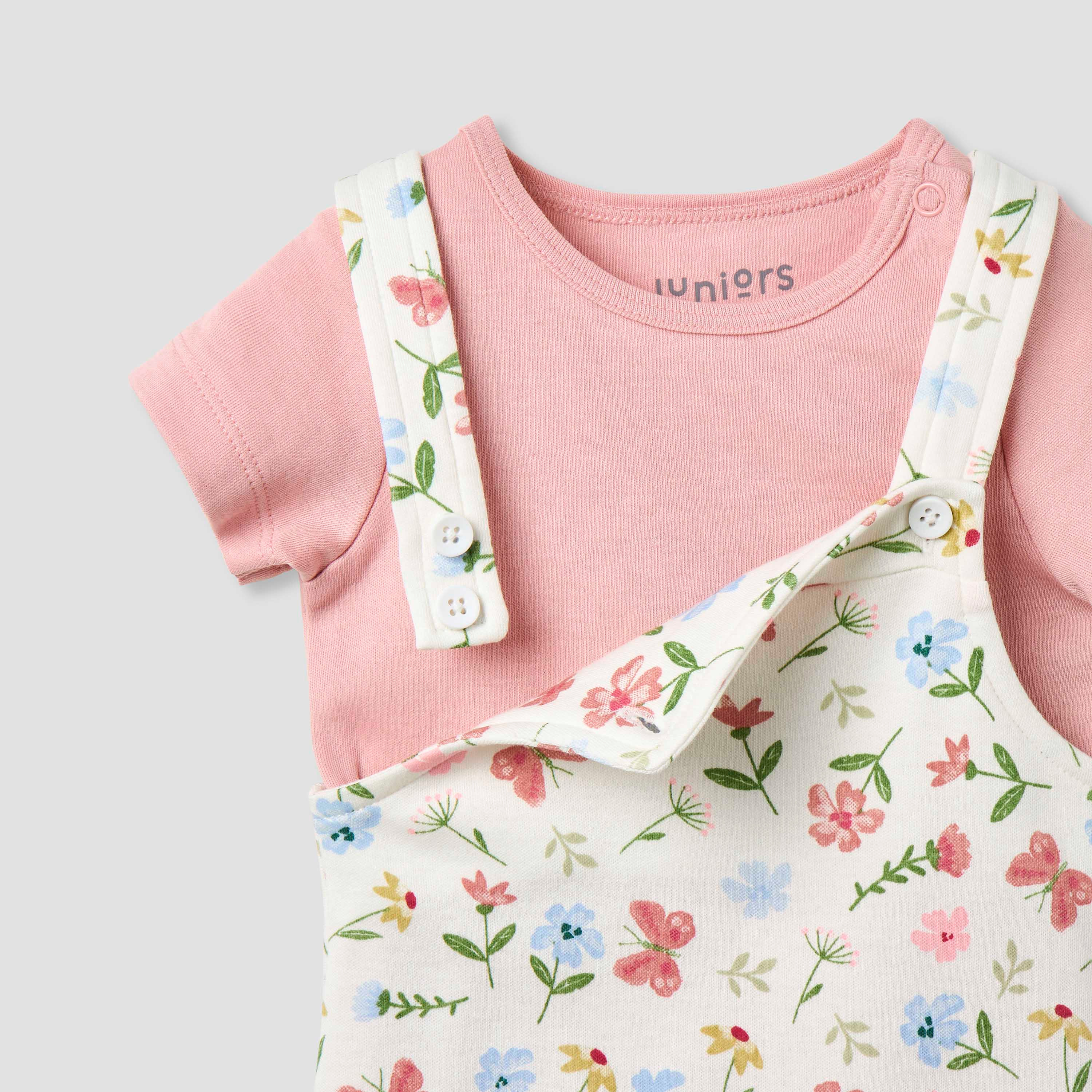 Juniors Floral Print Dungaree and T-shirt Set-baby-girls-clothing-rompers-image-4