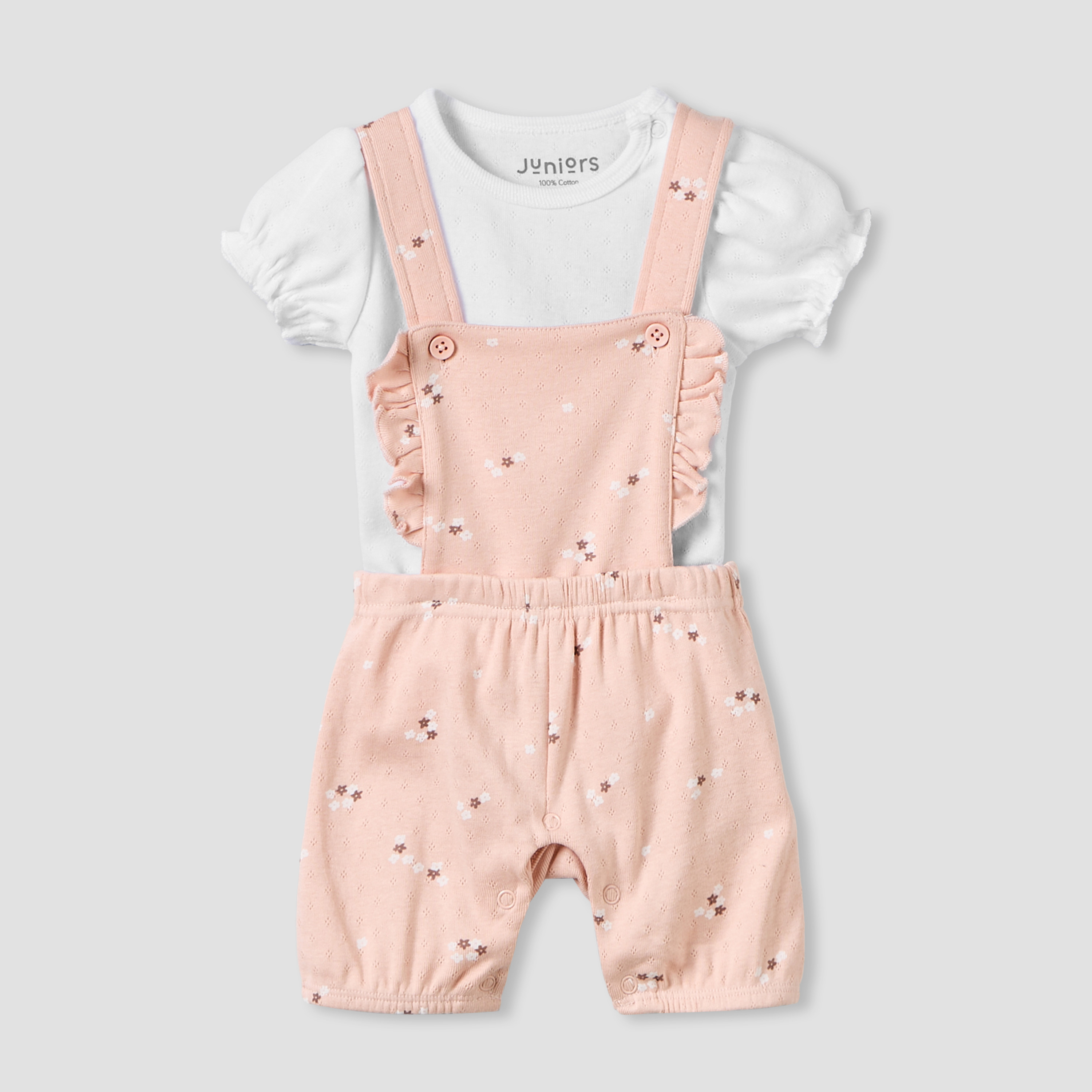 Juniors Crew Neck Short Sleeves T-shirt and Dungaree Set with Floral Print-baby-girls-clothing-setsandcoords-image-1