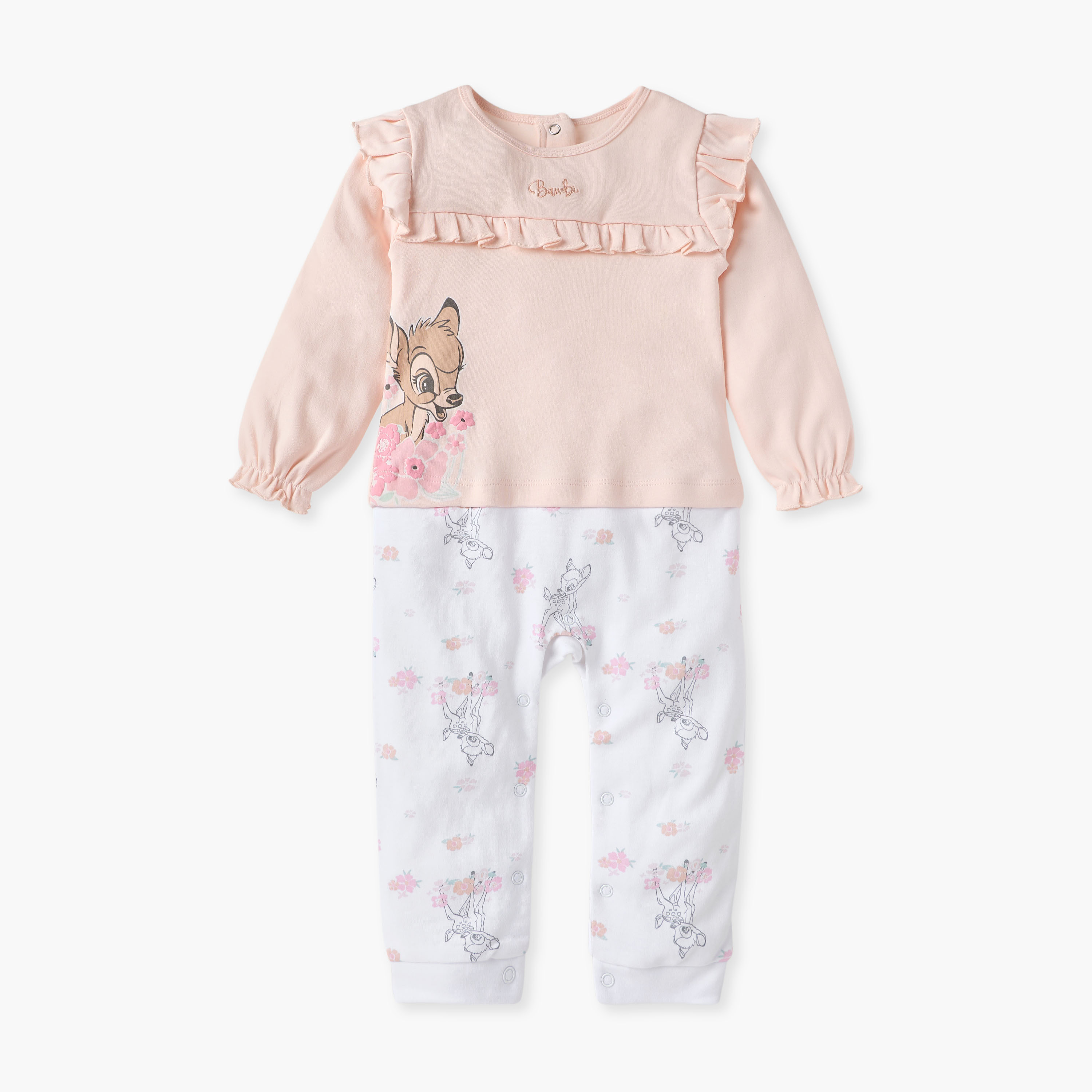 Disney Bambi Print Sleepsuit with Long Sleeves and Ruffle Detail-baby-girls-clothing-nightwear-sleepsuits-image-1