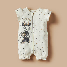 Disney Minnie Mouse Print Romper with Zip Closure and Short Sleeves