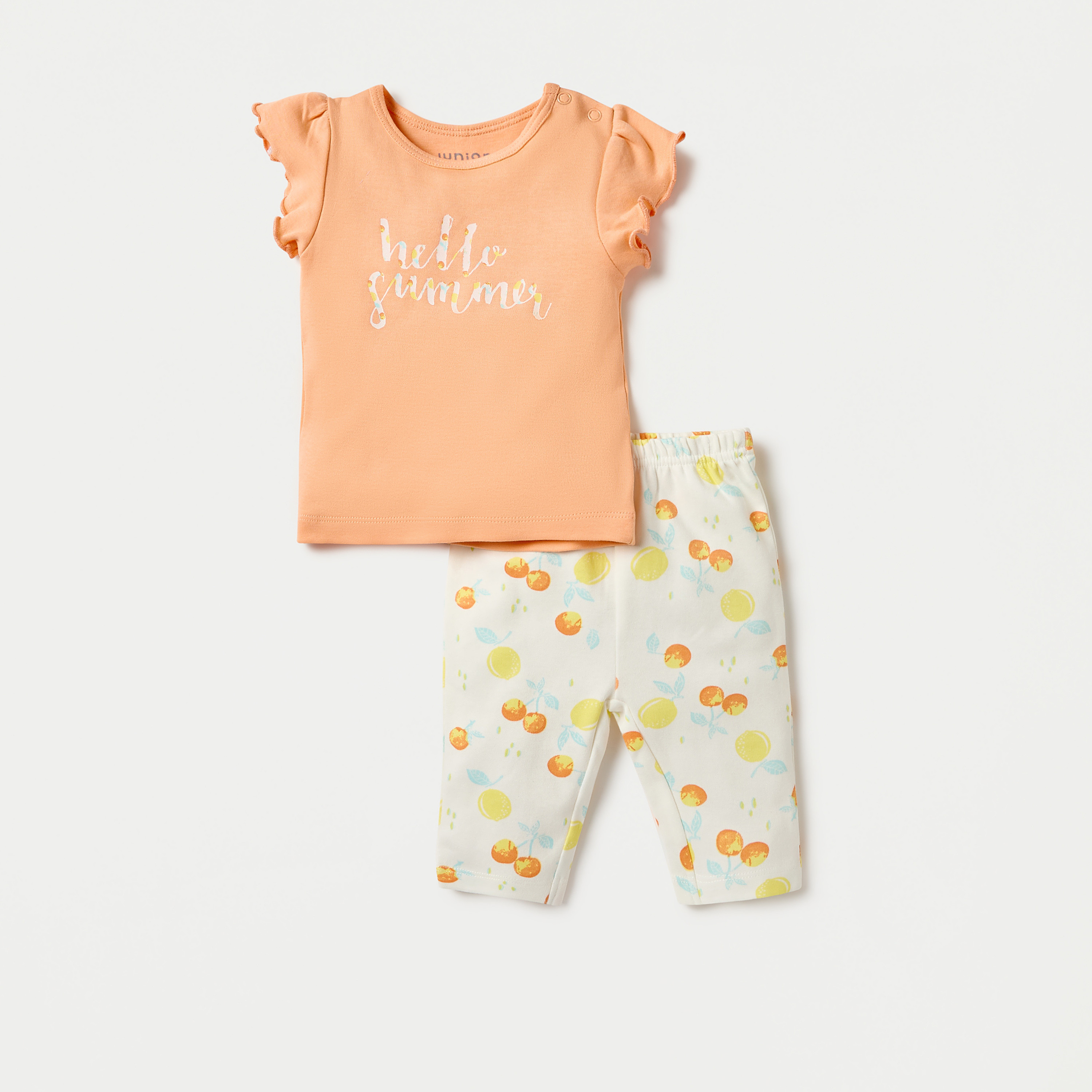 طقم تيشيرت بأكمام كشكش وطبعات فاكهة وبنطلون بيجاما بخصر مطاطي من جونيورز-baby-girls-clothing-nightwear-pyjamasets-image-1