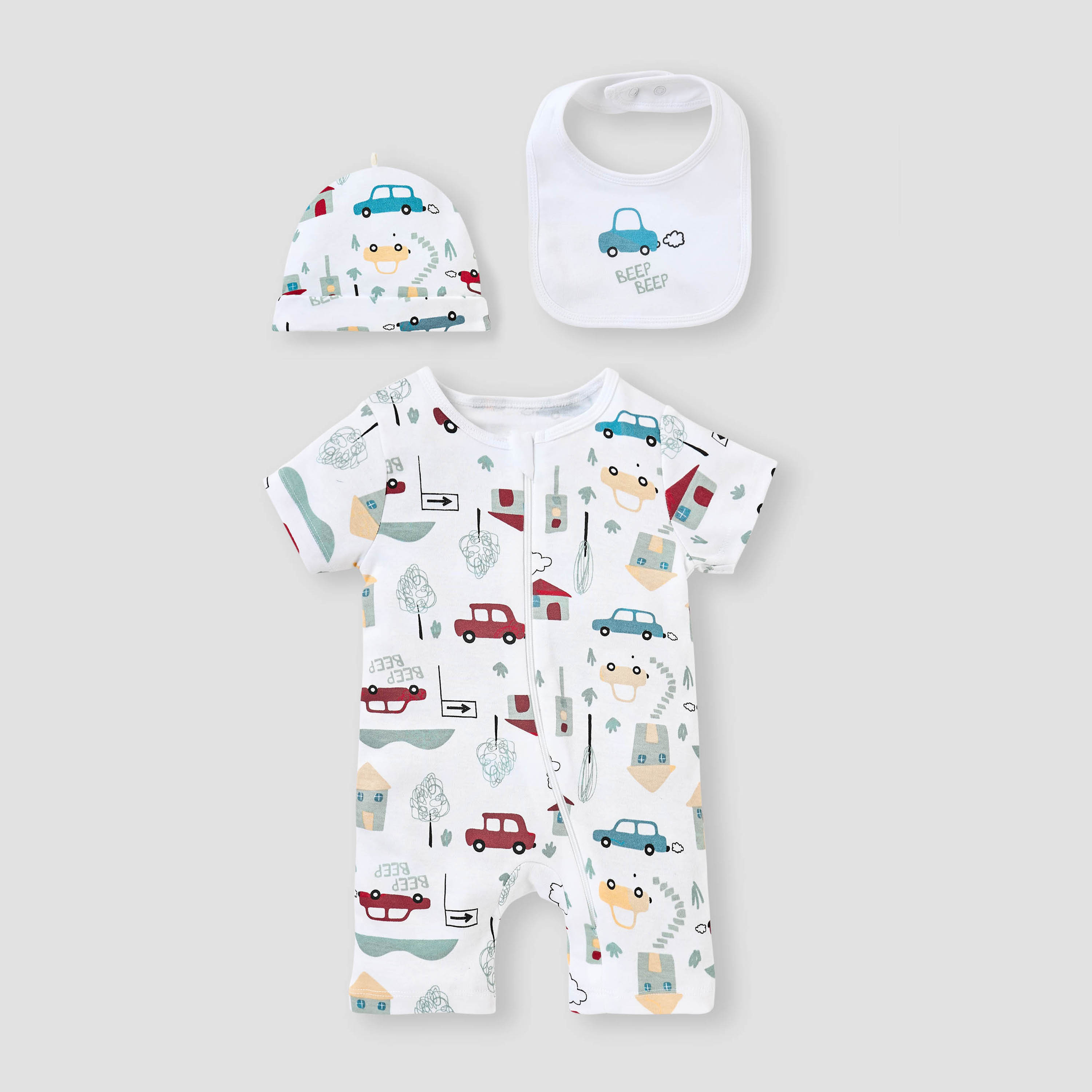 Juniors Vehicle Print Romper with Bib and Cap Set-baby-boys-clothing-setsandcoords-image-1