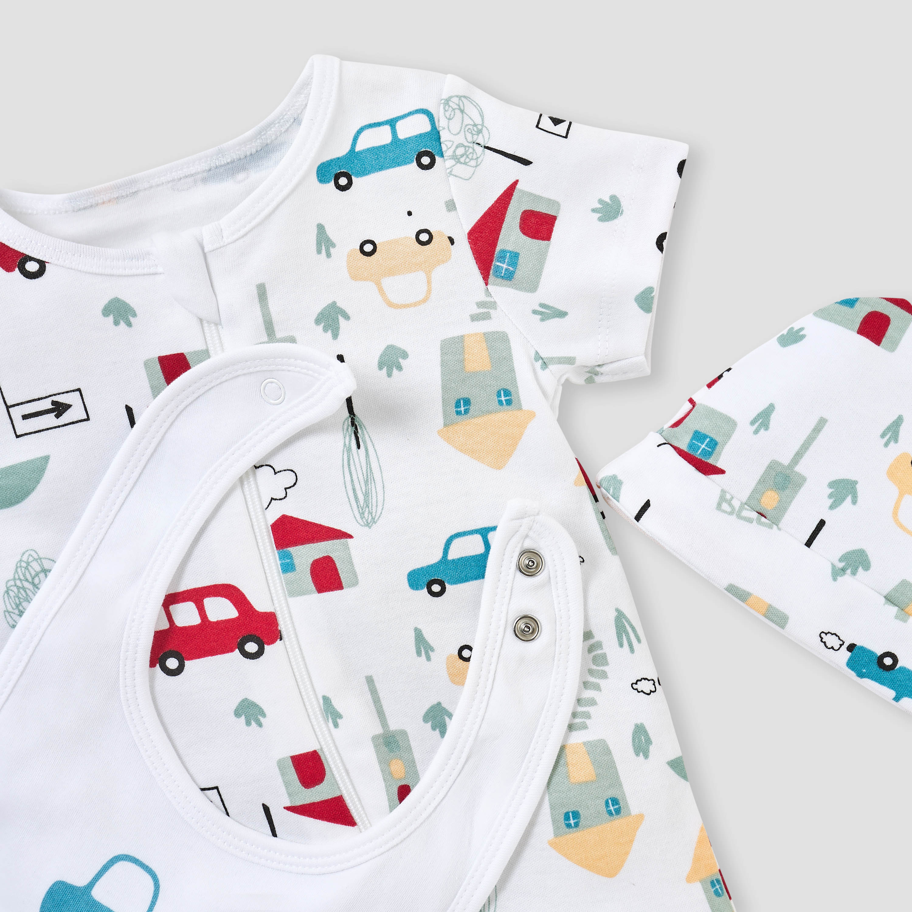 Juniors Vehicle Print Romper with Bib and Cap Set-baby-boys-clothing-setsandcoords-image-5