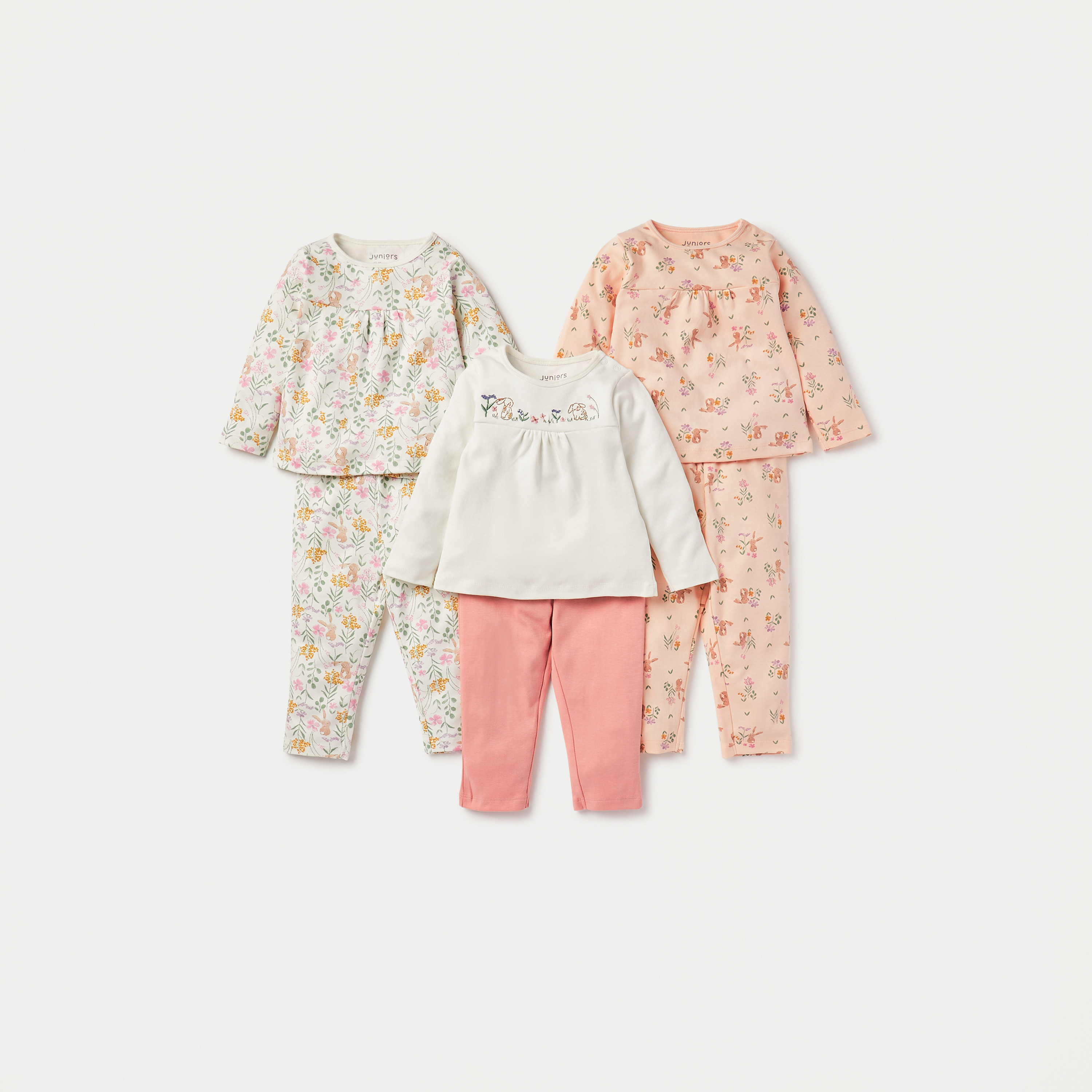 Juniors Floral Print Long Sleeves T-shirt and Elasticated Pyjama - Set of 3-baby-girls-clothing-nightwear-pyjamasets-image-1