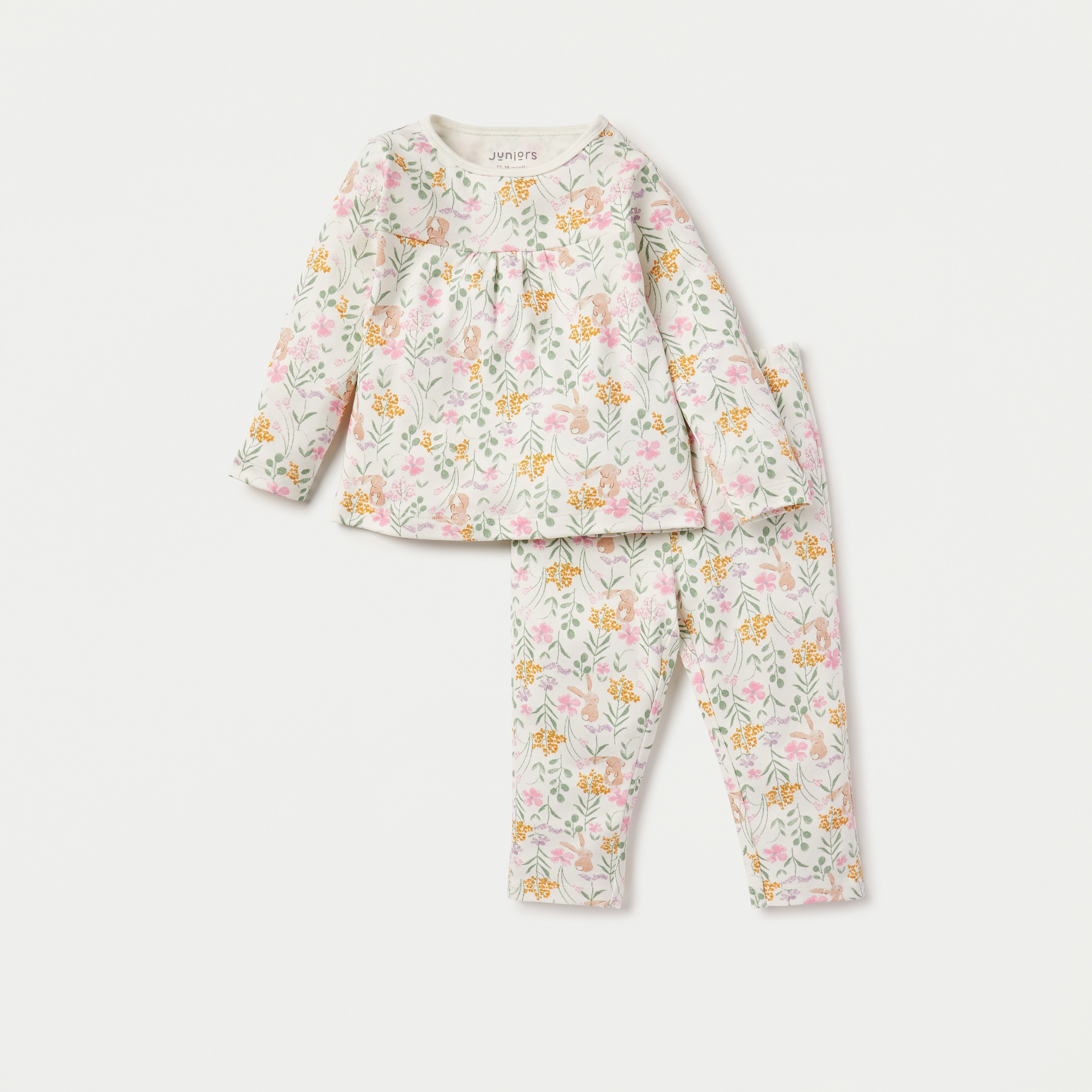 Juniors Floral Print Long Sleeves T-shirt and Elasticated Pyjama - Set of 3-baby-girls-clothing-nightwear-pyjamasets-image-2