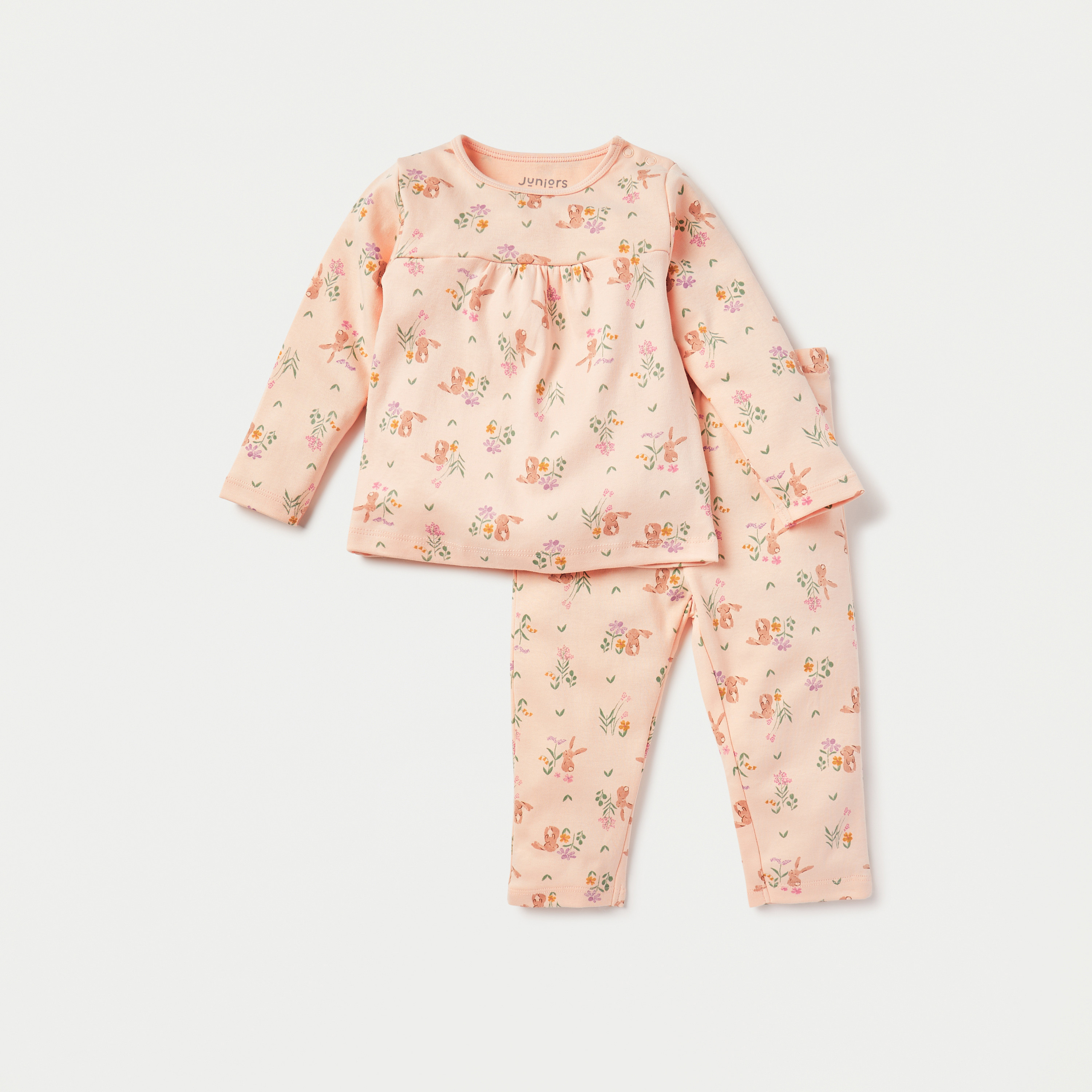 Juniors Floral Print Long Sleeves T-shirt and Elasticated Pyjama - Set of 3-baby-girls-clothing-nightwear-pyjamasets-image-3