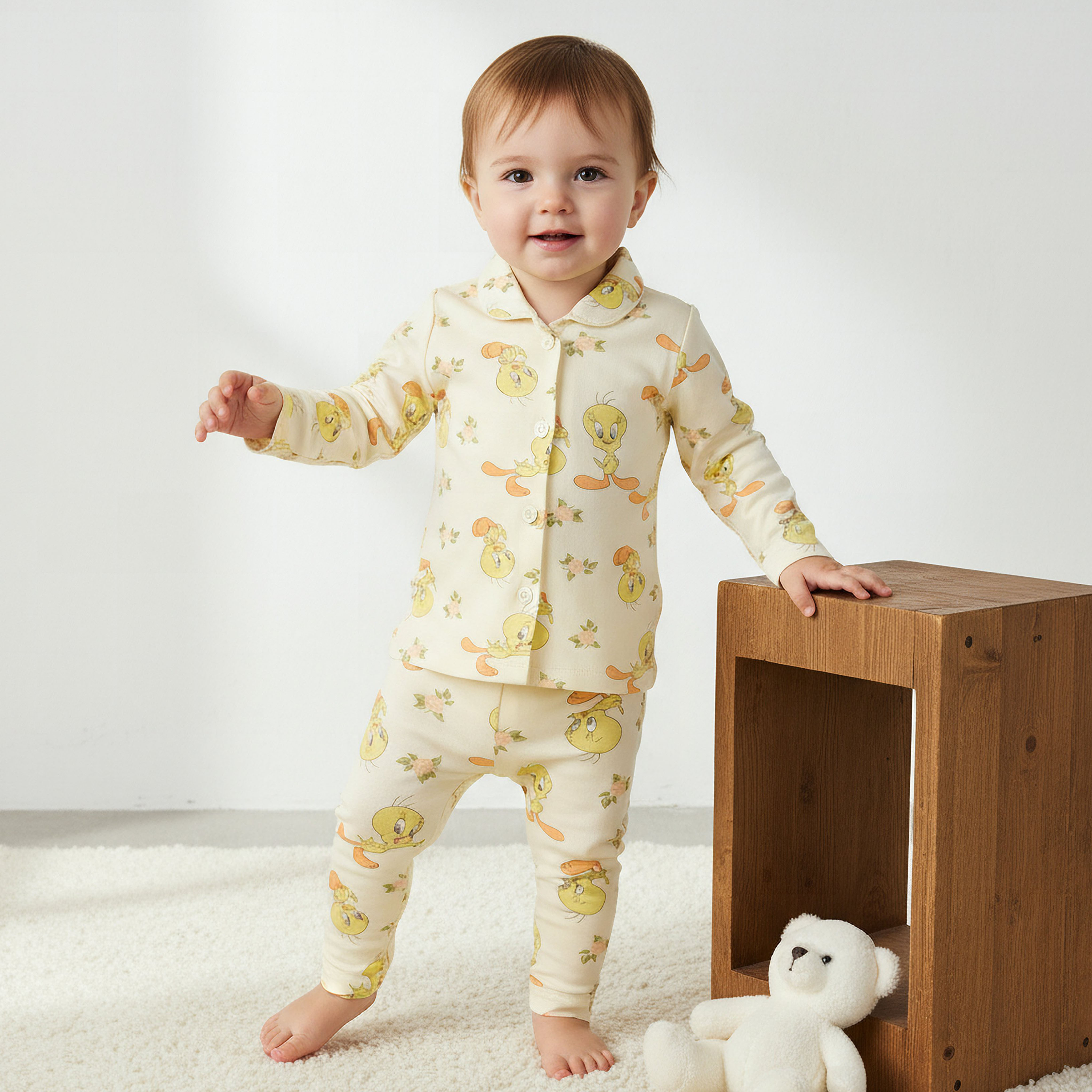 Disney Cotton Collared Long Sleeves Pyjama Set with Tweety Print-baby-girls-clothing-nightwear-pyjamasets-image-1