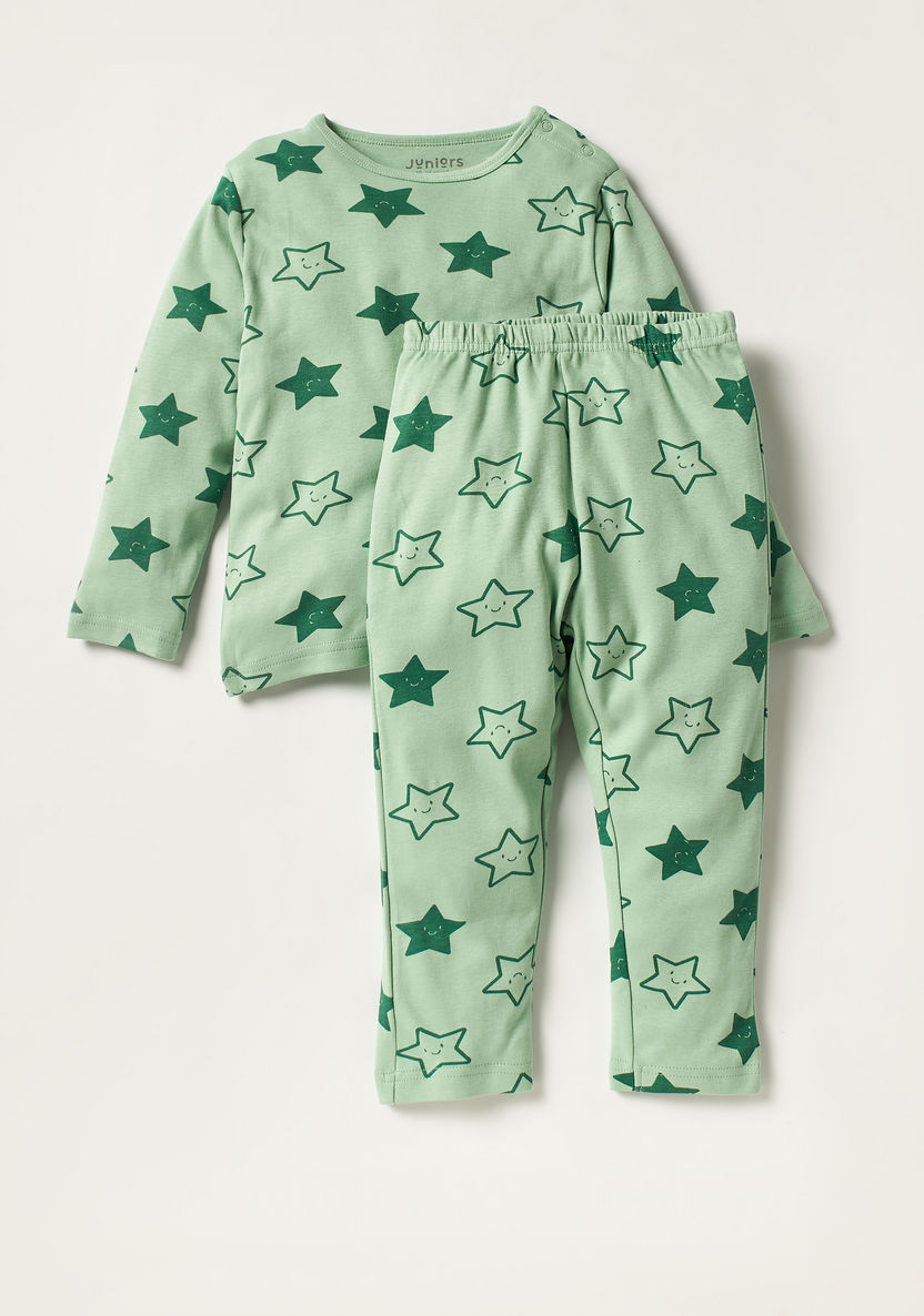 Juniors Star Print Long Sleeve T-shirt and Pyjama Set-Pyjama Sets-image-0