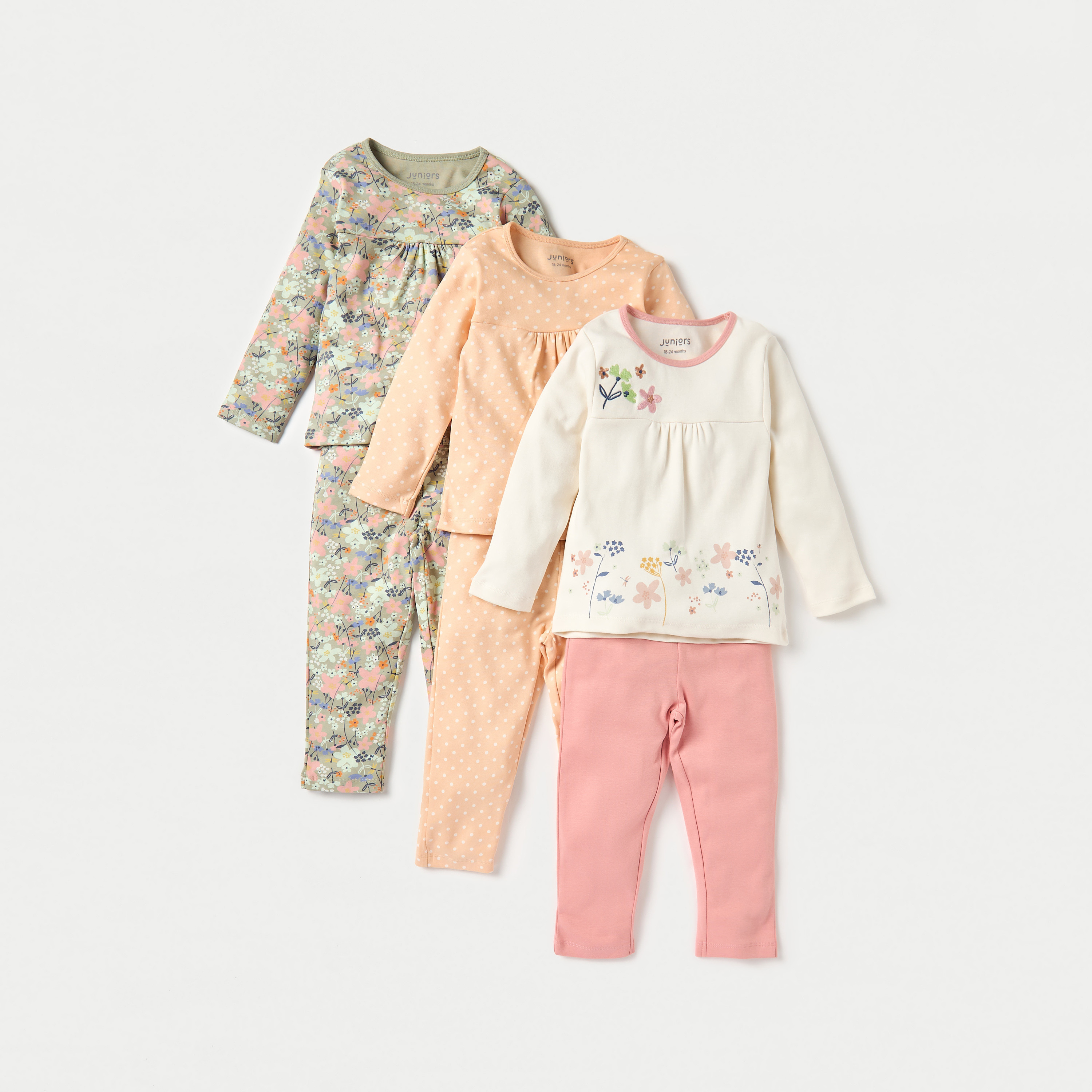 Juniors Printed Long Sleeves T-shirt and Elasticated Pyjama - Set of 3-baby-girls-clothing-nightwear-pyjamasets-image-1