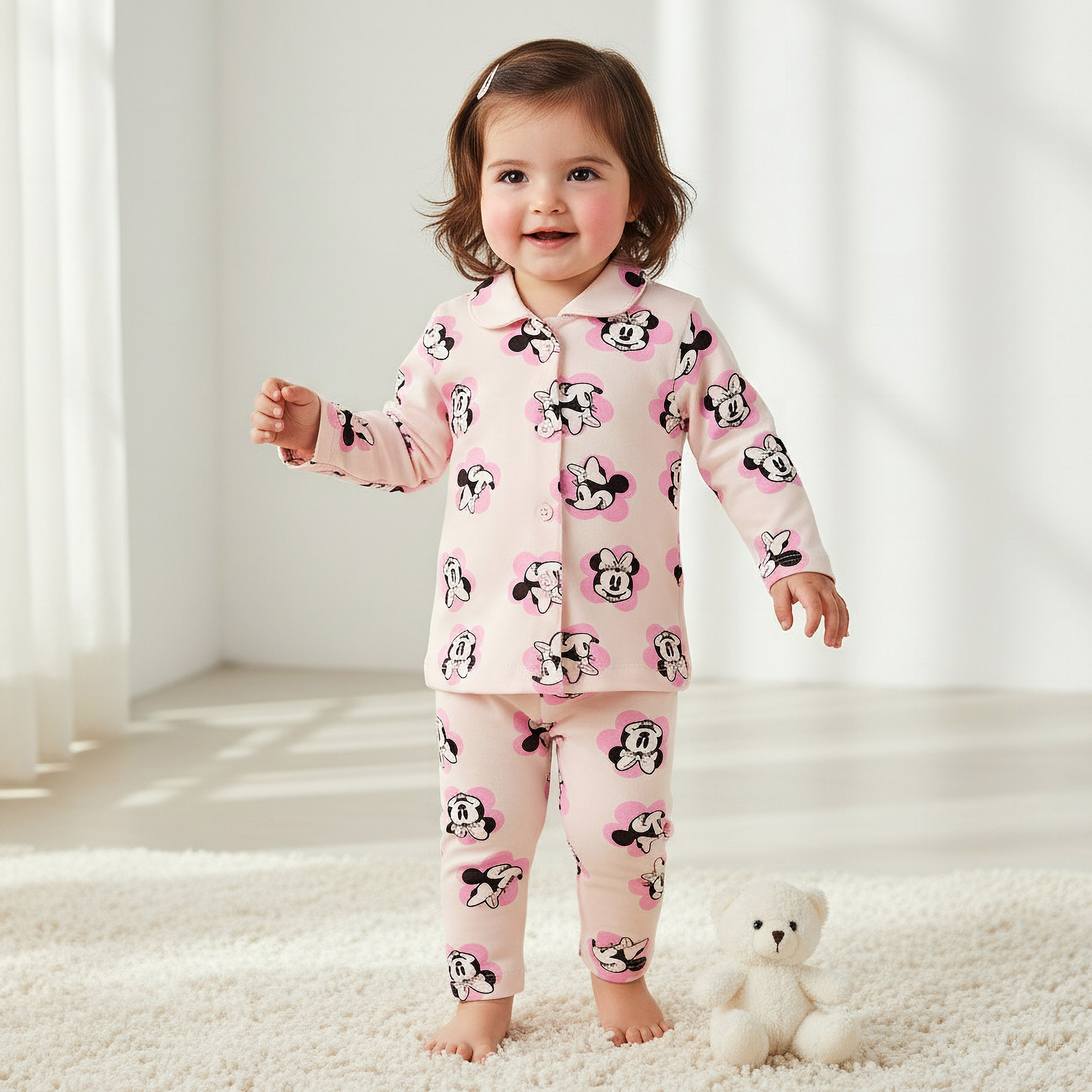 طقم بيجاما قطن بطبعات ميني ماوس وياقة عادية وأكمام طويلة من ديزني-baby-girls-clothing-nightwear-pyjamasets-image-1