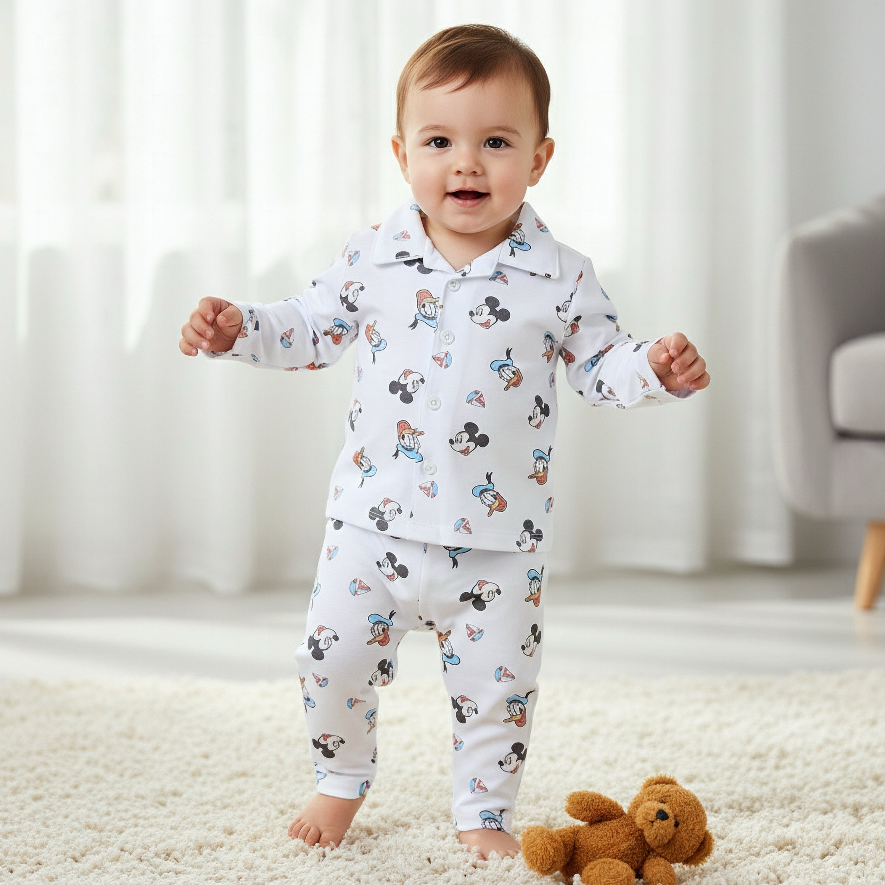 طقم بيجاما قطنية بياقة وأكمام طويلة بطبعات ميكي ماوس ودونالد داك من ديزني-baby-boys-clothing-nightwear-pyjamasets-image-1